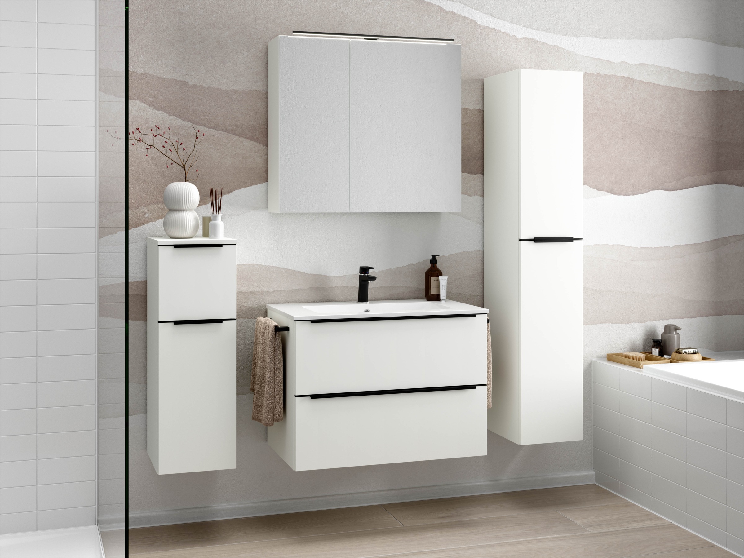 nobilia® Badmöbel-Set »Levere«, (4 St., vormontiert, mit Soft-Close), inkl. Spiegelschrank mit Beleuchtung und Dimmerfunktion, in 4 Breiten