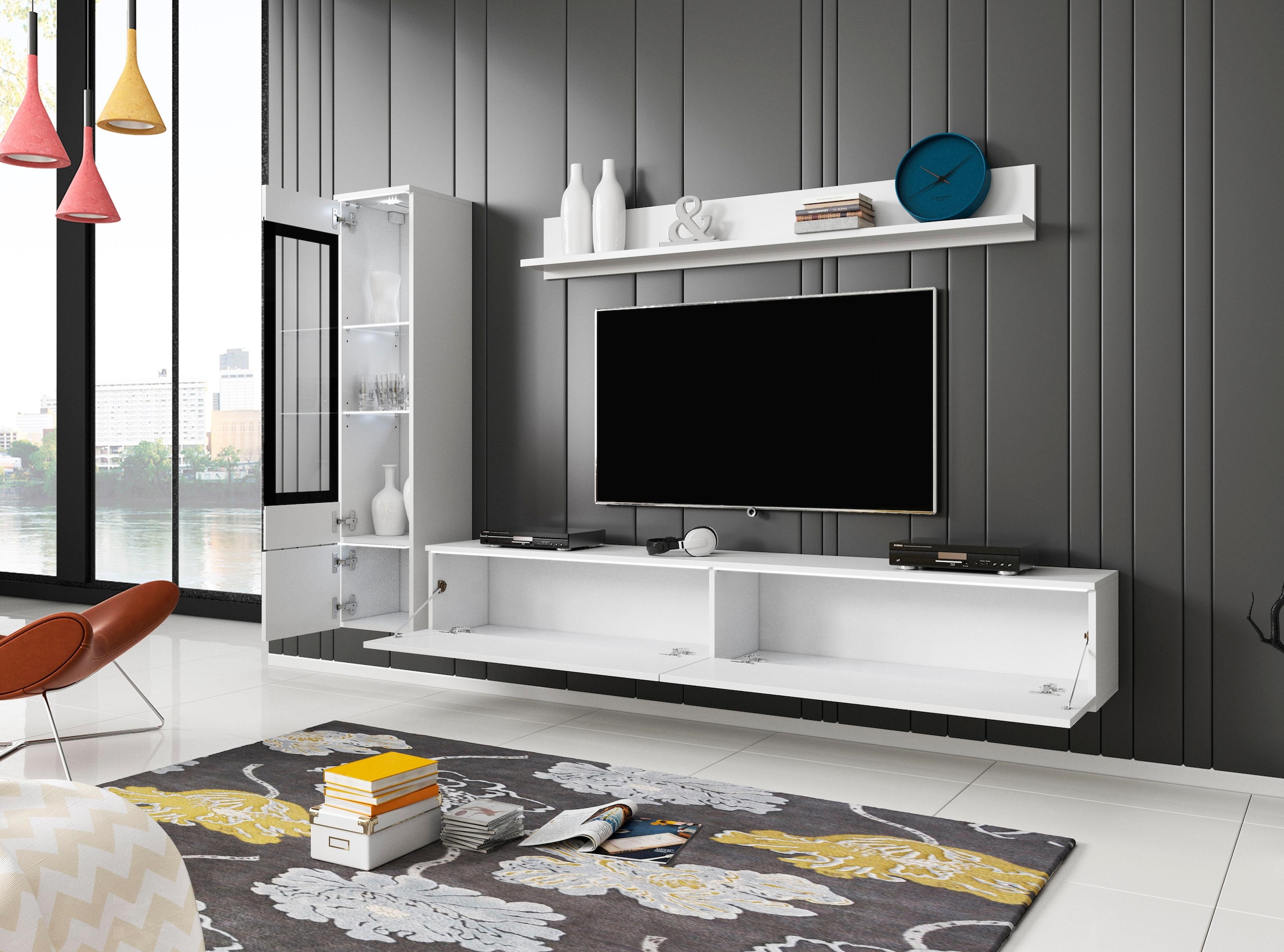 INOSIGN Wohnwand »VERA I, Vitrinen Türanschlag links/rechts wechselbar«, (Komplett-Set, 3 St.), Mediawand 230 cm, Vitrine mit Verglasung, stehend und hängend