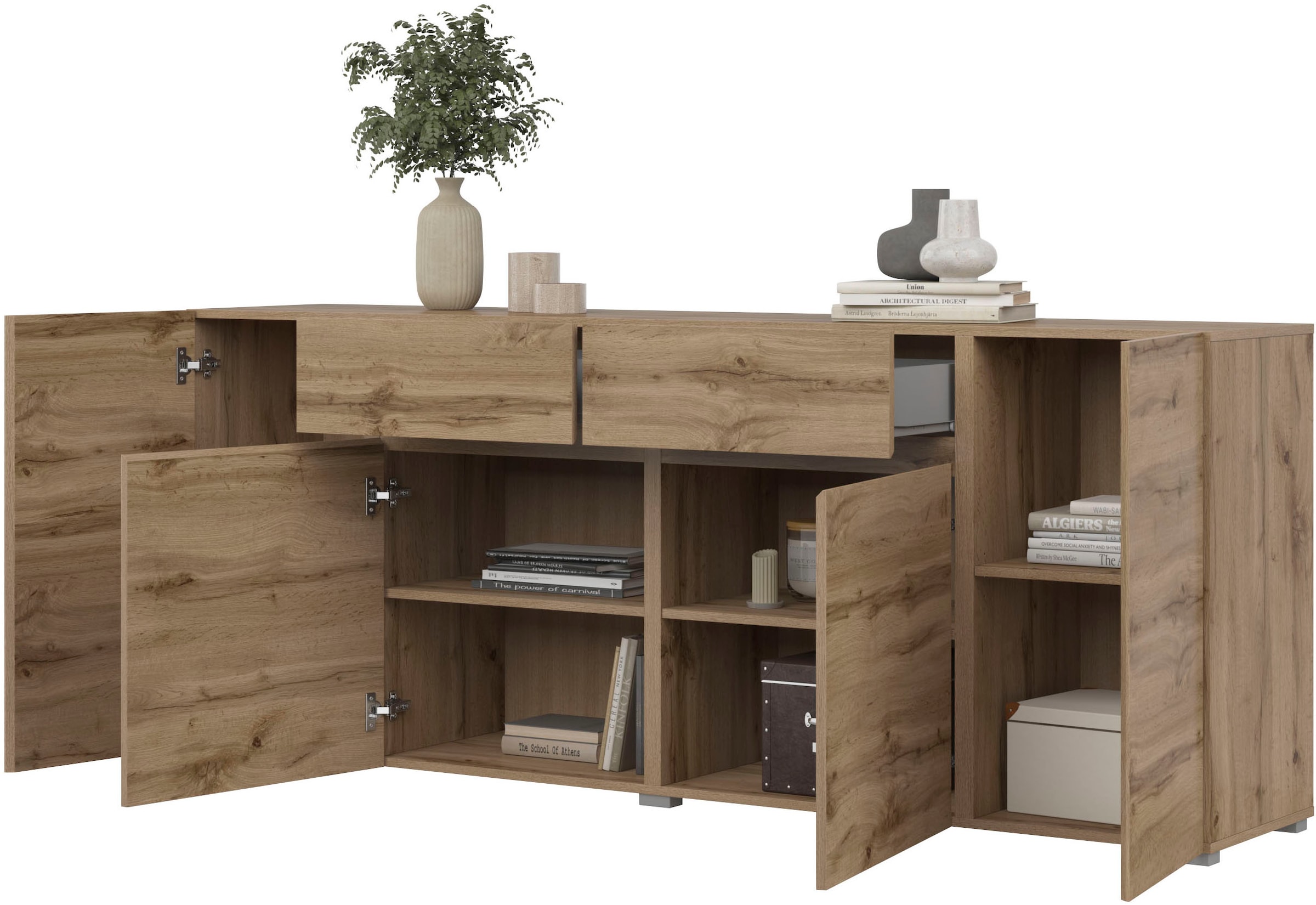 INOSIGN Sideboard »Asymetric, Breite 195 cm, grifflose Kommode 4 Türen/2 Schubkästen«, Schubladenschrank mit viel Stauraum, Einlegeböden verstellbar