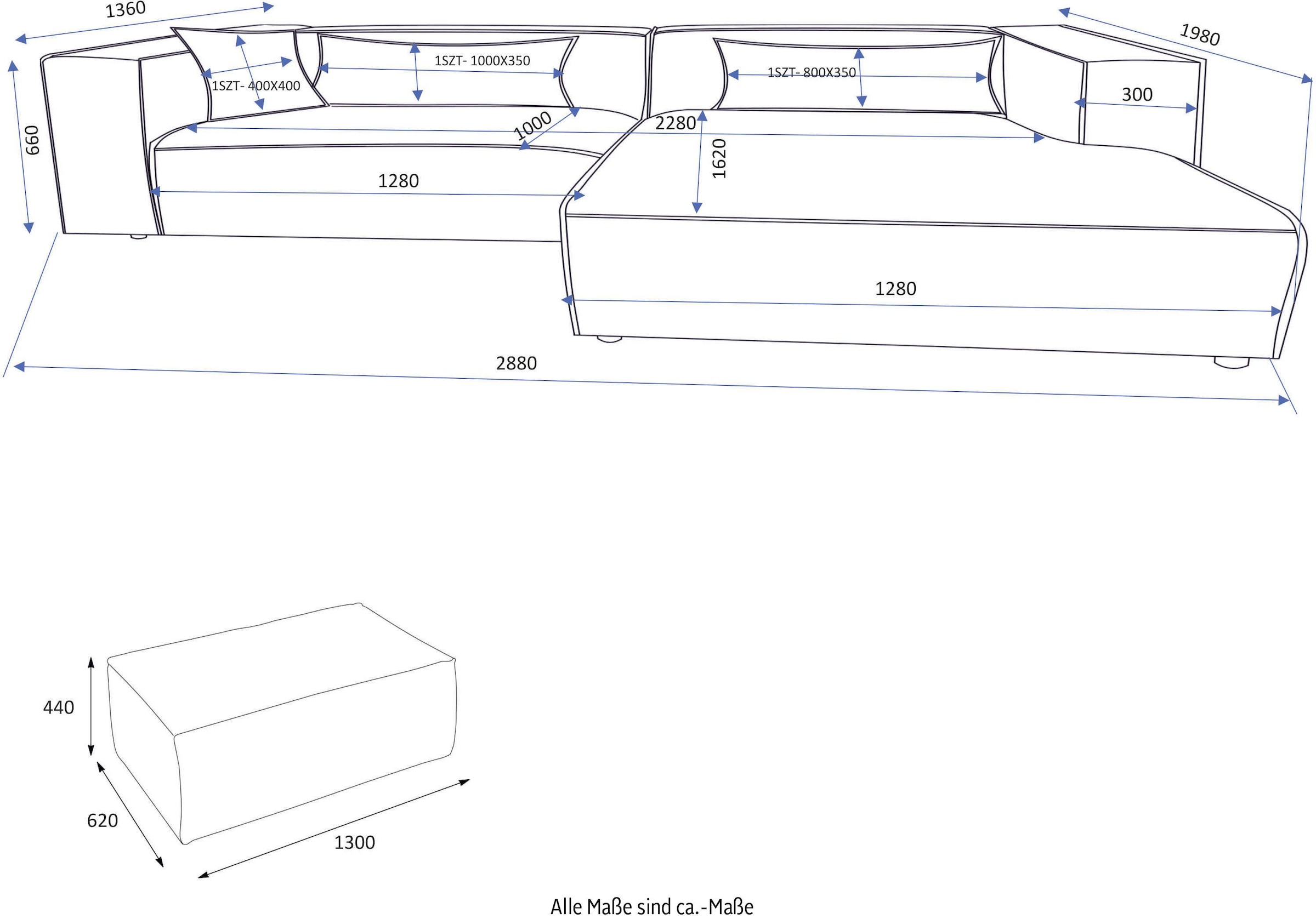 LeGer Home by Lena Gercke Ecksofa »PIARA XXL Struktur, L-Form, Schlaffunktion« Hocker stellbar zum Schlafsofa (Krokodilverbinder), tiefe Sitzfläche