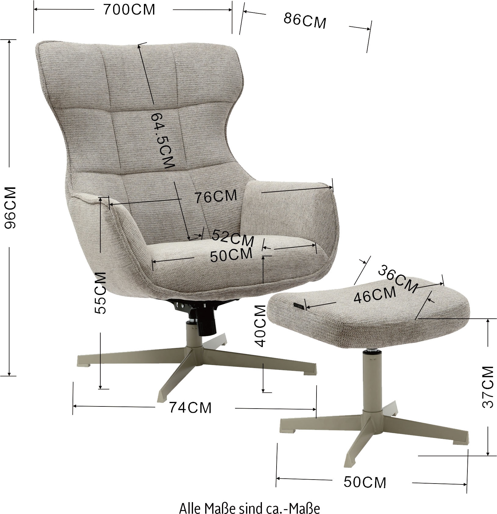 INOSIGN Drehsessel »DEGAN Ohrensessel mit Hocker im Set«, Relaxsessel mit 360-Grad-Drehfunktion u. Hocker, Webstoff