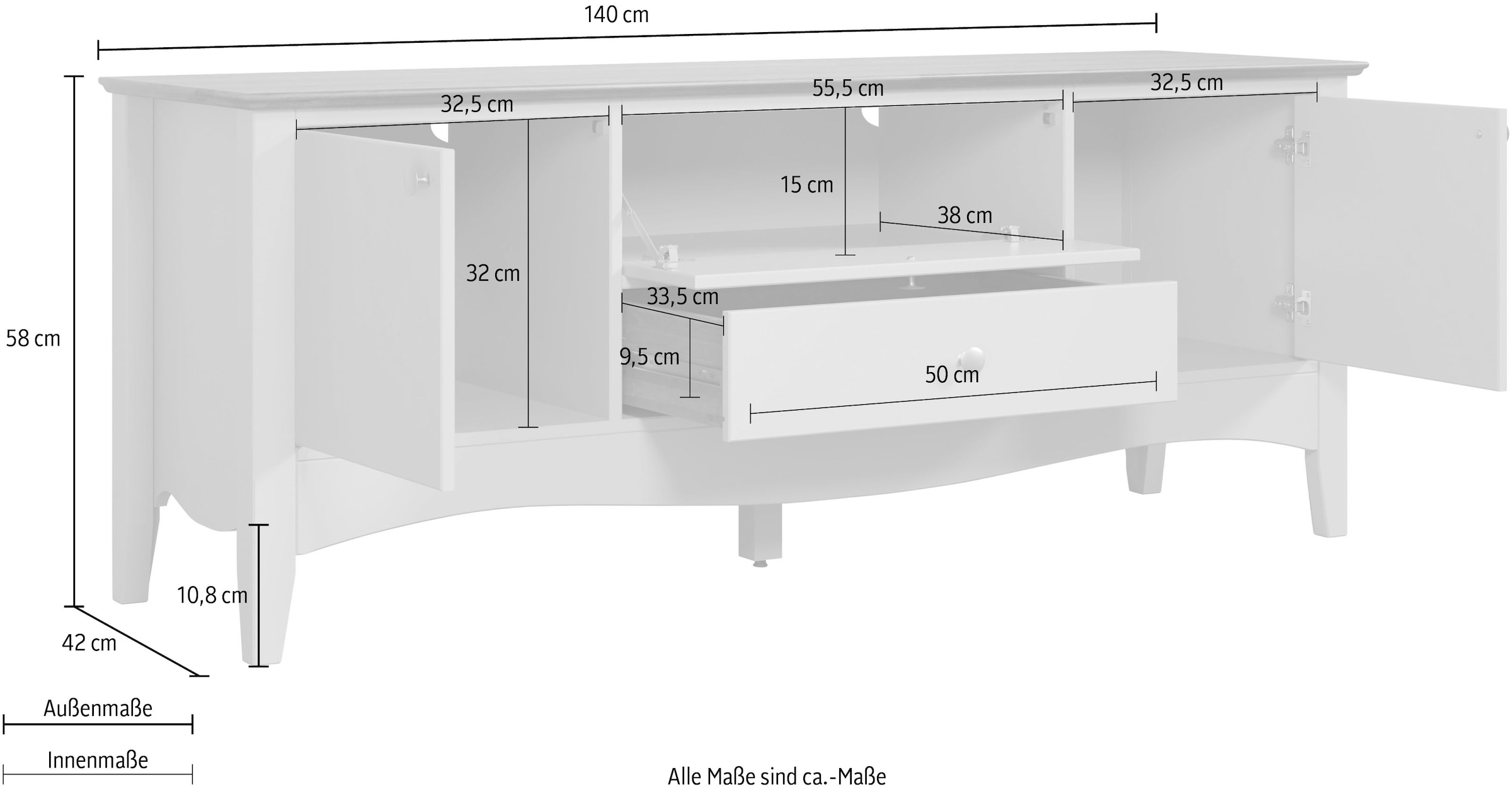 INTER-FURN TV-Board »Lissabon«, Kiefer teilmassiv, Metallgriffe, B/H/T: 140/58/42 cm