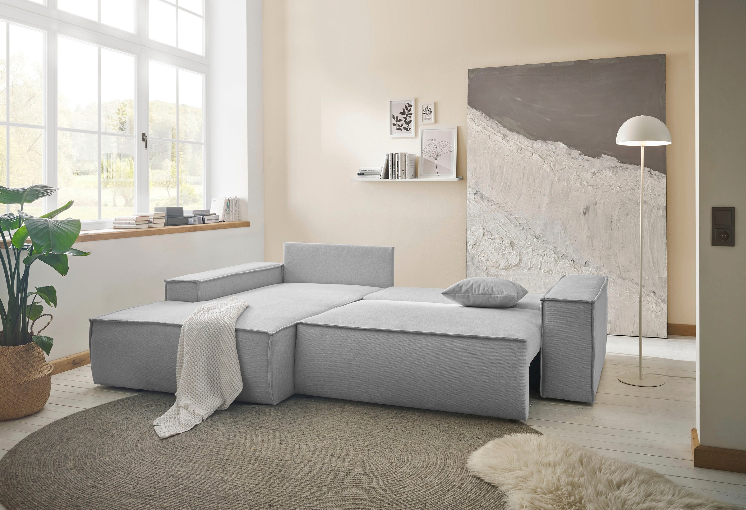andas Ecksofa »Finnley Schlafsofa 267 cm in Bouclé, Struktur fein u. Cord, L-Form,«, Schlaffunktion m. Bettkasten (136/210 cm), Bouclé, Struktur und Cord