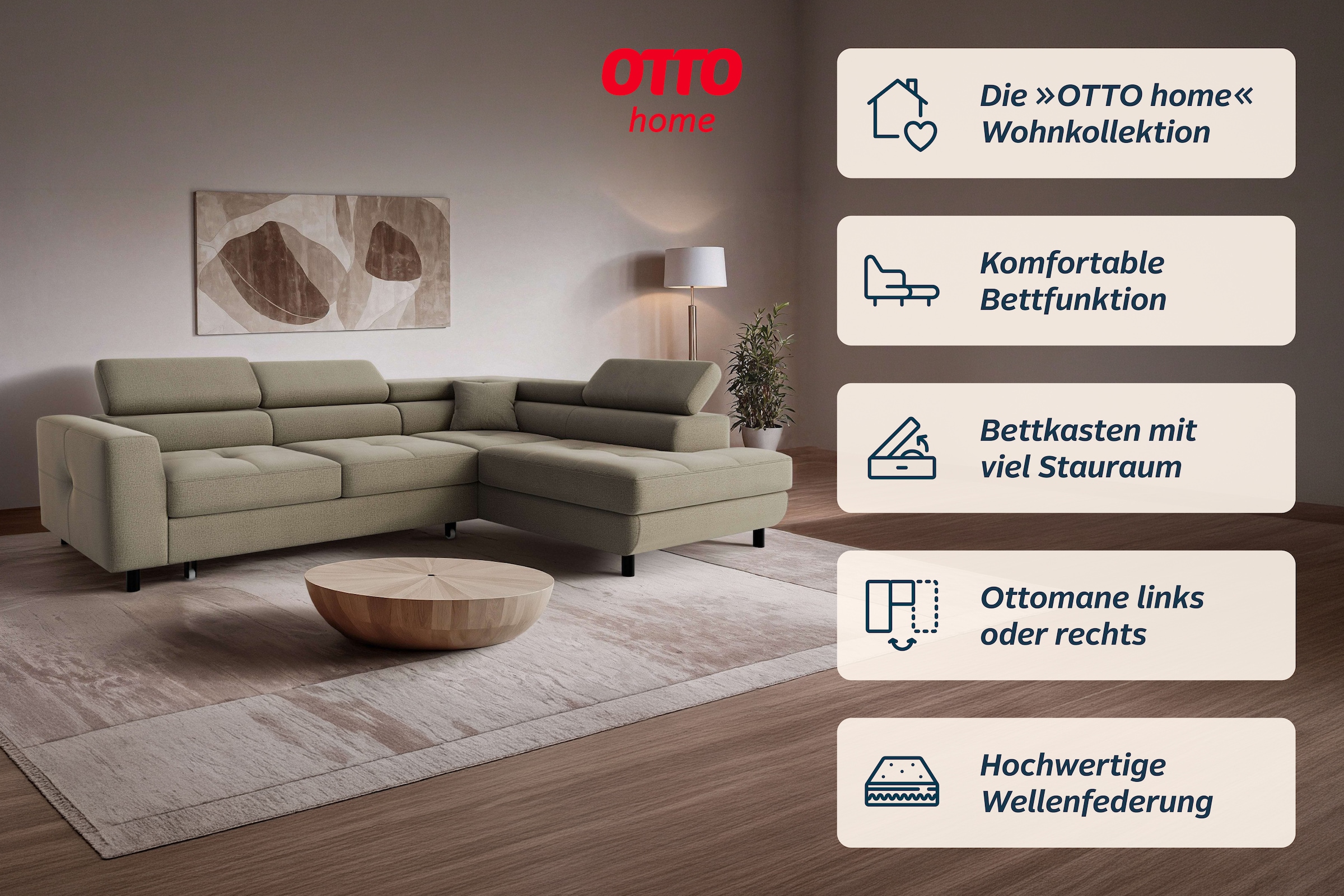 OTTO home Ecksofa »AADEN Schlafsofa 254 cm - OTTO. Verlässliche Qualität.« mit Bettfunktion, Bettkasten, Kopfstützen, rechts/links bestellbar