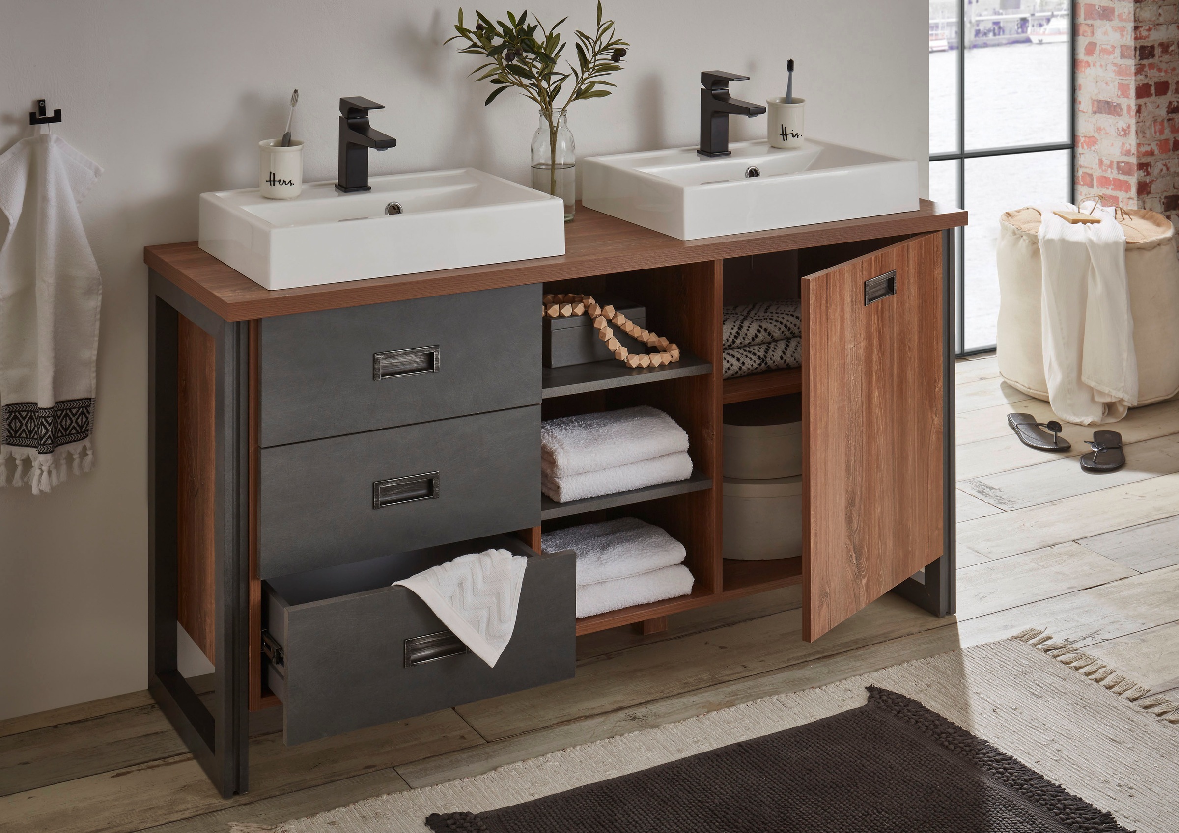 Home affaire Badmöbel-Set »Detroit, Bad im Industrialdesign, inkl. LED, 2-teiliges Badezimmer«, (3 St.), Waschtisch und Spiegel, inkl. zwei Aufsatzwaschbecken aus Mineralguss
