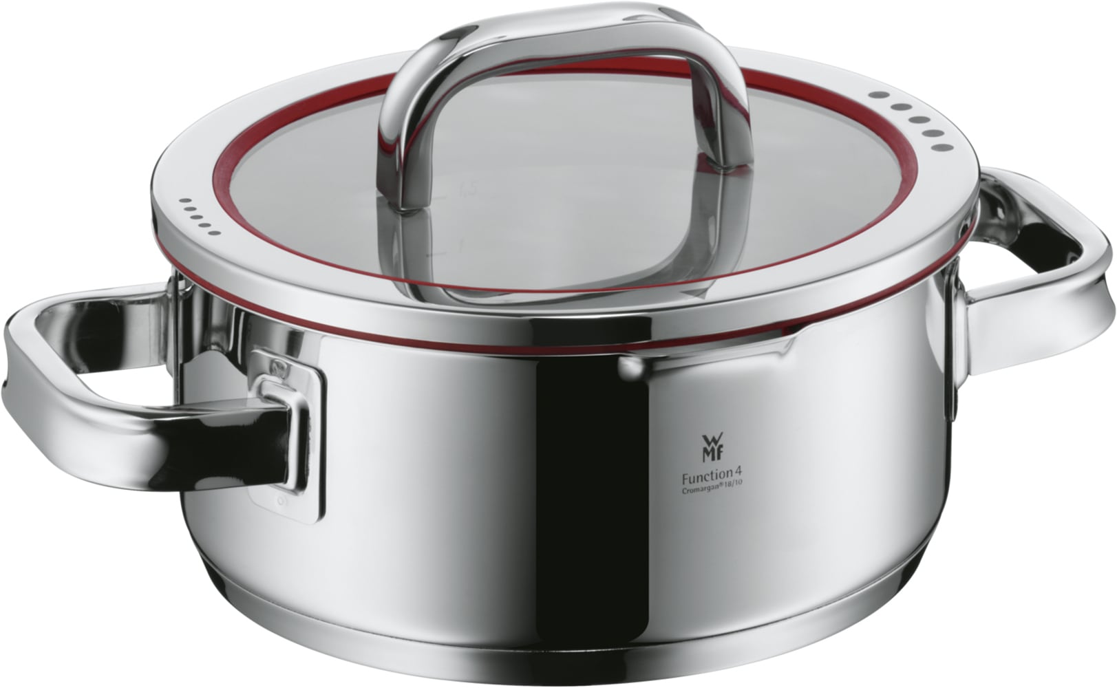 WMF Topf-Set »Function 4, Glasdeckel mit 4 Abgießfunktionen, poliert, unbeschichtet« 1x Bratentopf 20cm, 3x Fleischtopf 16/20/24cm, 1x Stielkasserolle 16cm,  Cromargan® Edelstahl Rostfrei 18/10