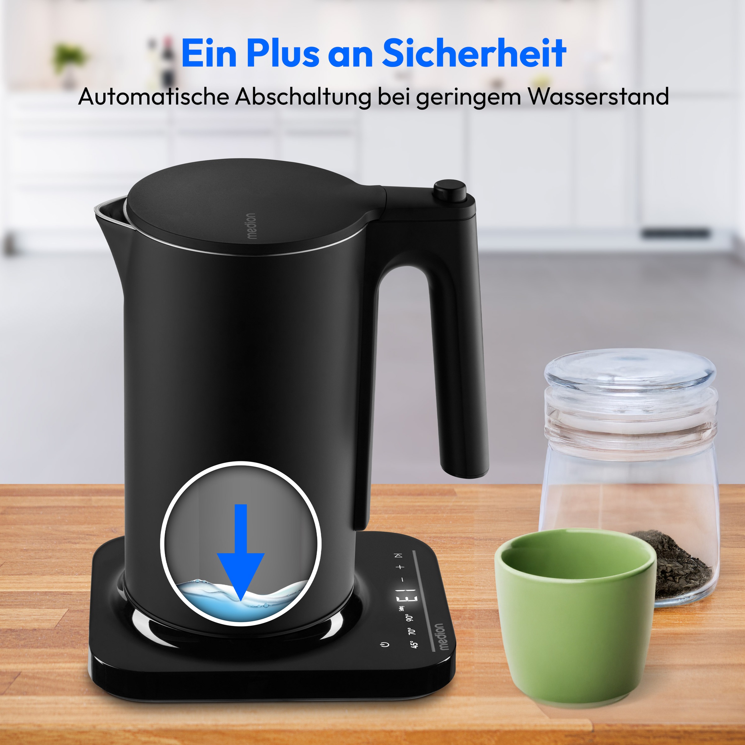 Medion® Wasserkocher »MD12106« 1,5 l 2200 W 2.200 W, 1,5 L, LED-Display, Sensor-Touch Bedienung, Kindersicherung