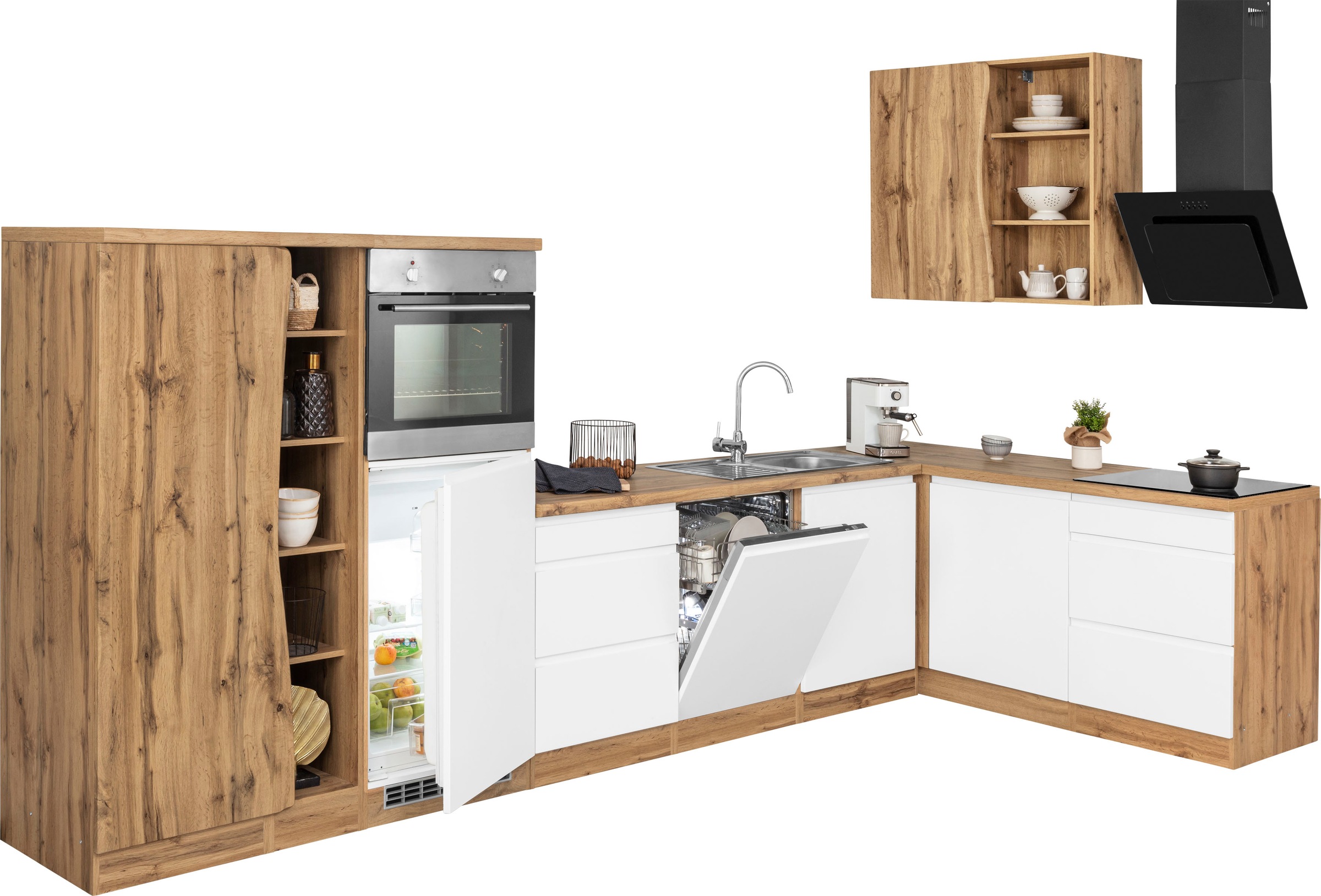 KOCHSTATION Winkelküche »KS-Bruneck«, Stellbreite 380/180 cm breit, Ceran oder Induktionskochfeld, MDF