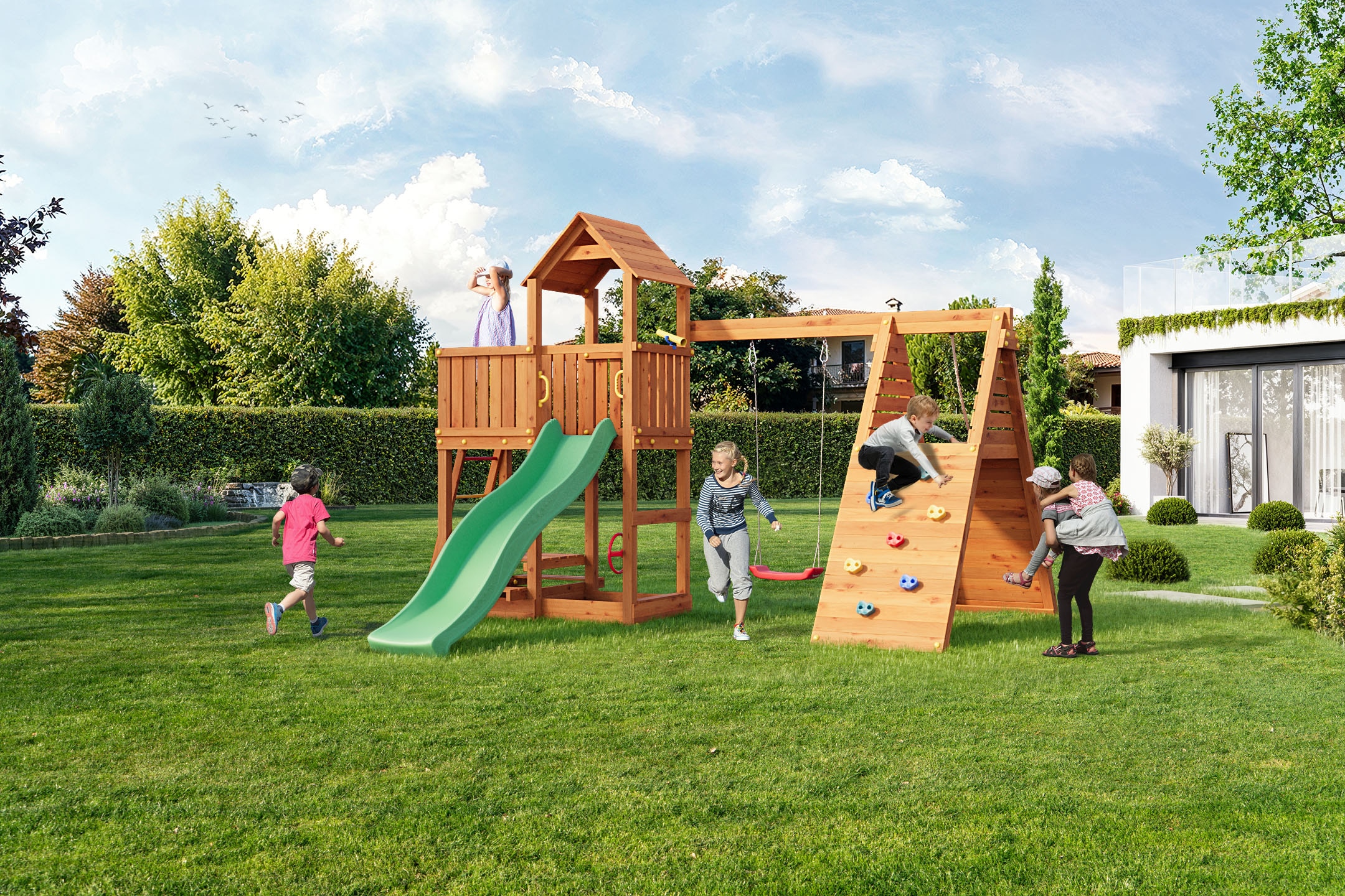 FUNGOO Spielturm »FLUPPI« mit Rutsche, Schaukel und Klettergerüst und Picknicktisch