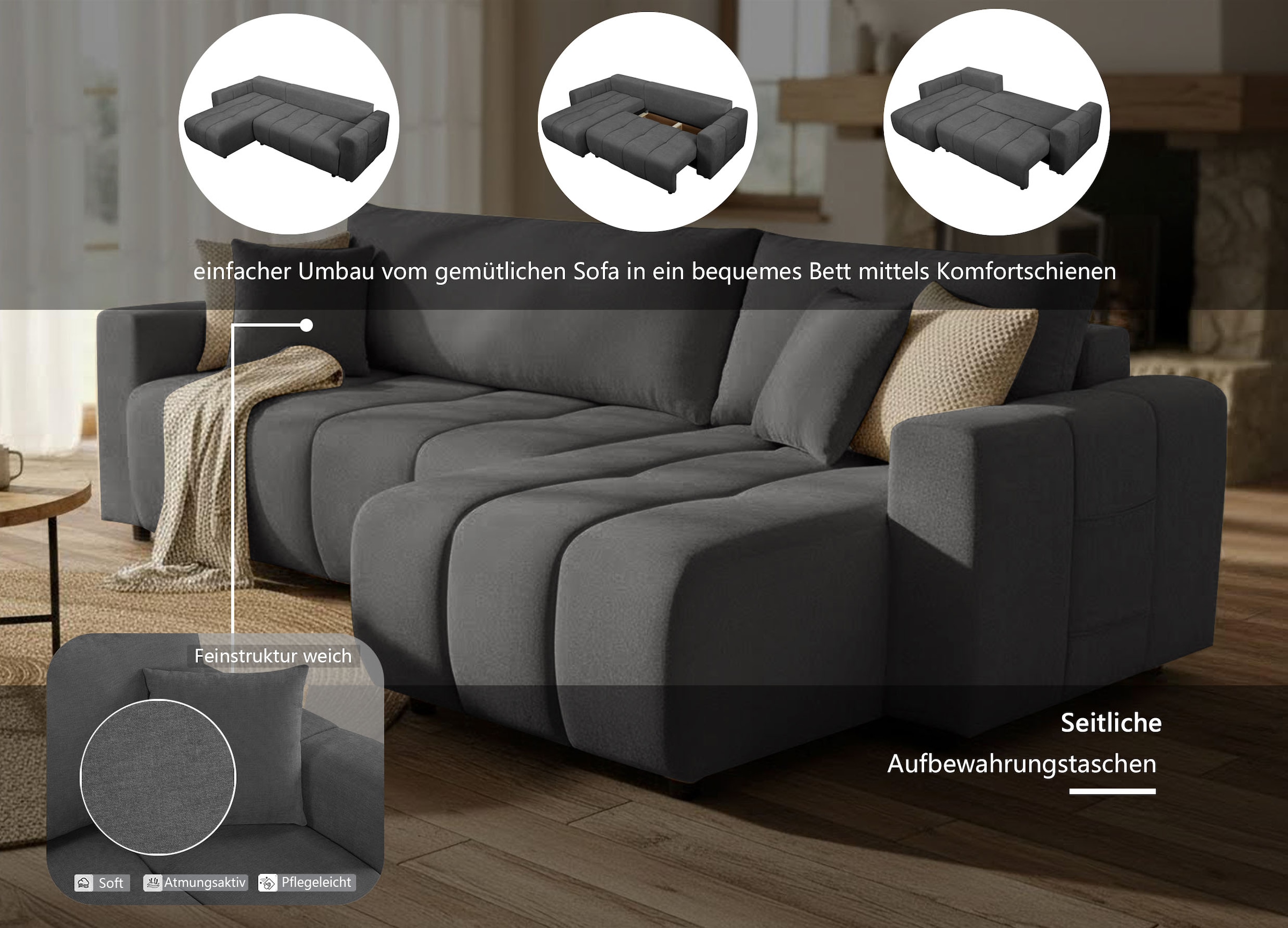 OTTO home Ecksofa »YLVAA L-Form, 241 cm - Schlafsofa« Schlaffunktion (132/200), Boxspring, Bettkasten, Feinstruktur-Bezug