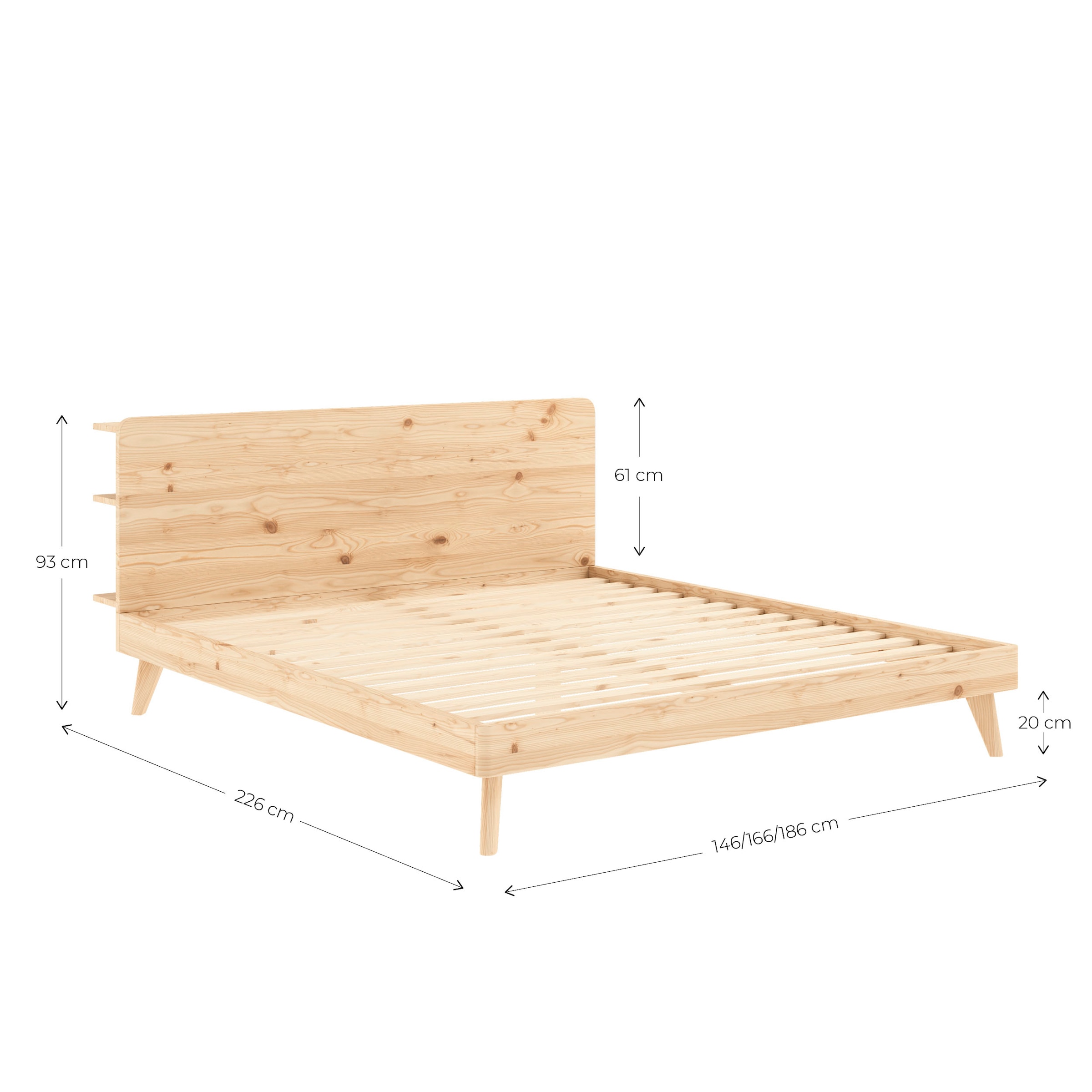 Karup Design Bettgestell »RETREAT BED«, aus Kiefer massiv mit Lattenrost, Kopfteil mit 3 Ablagen