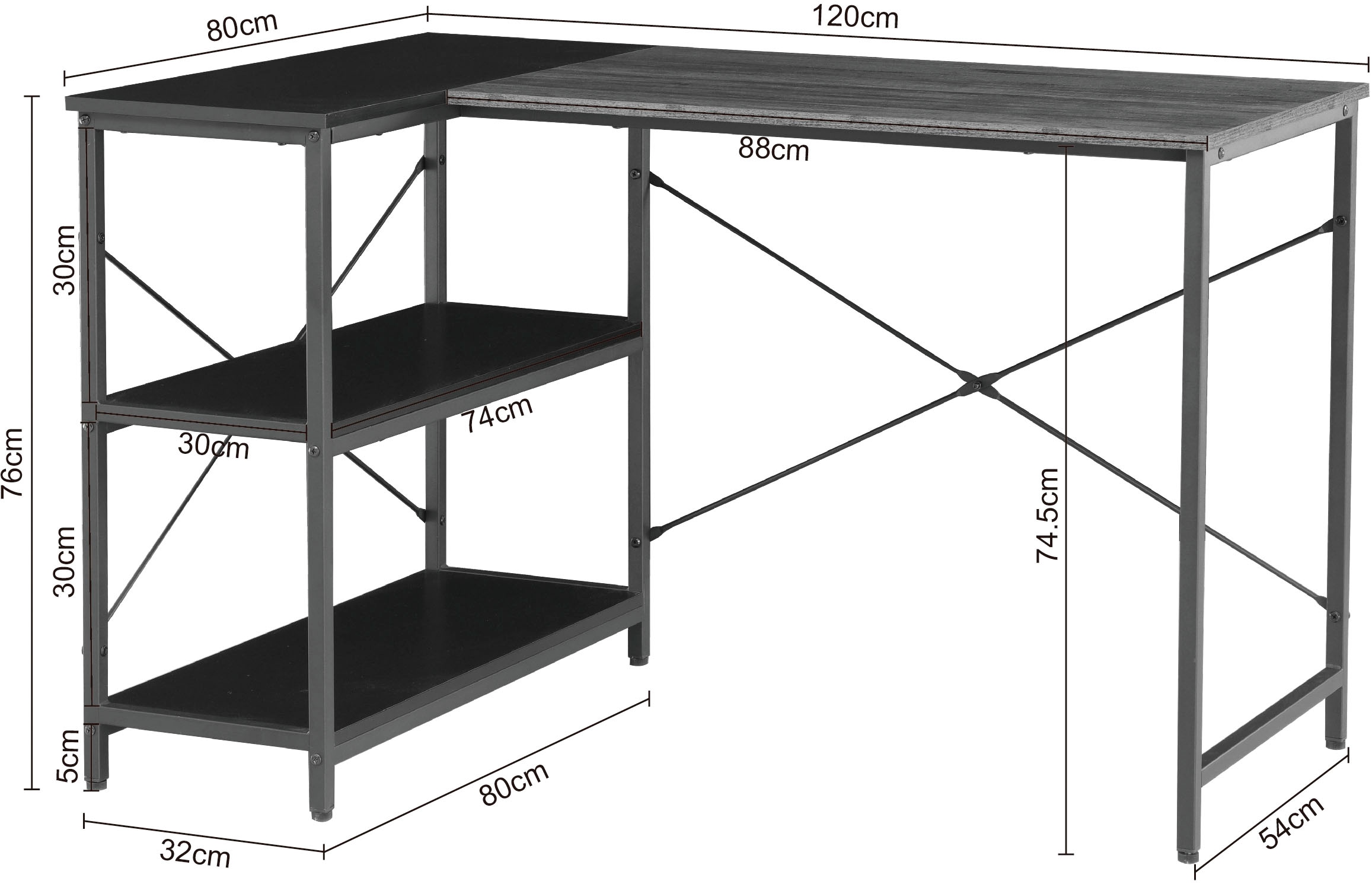 INOSIGN Eckschreibtisch »Skruva, Computertisch, Basteltisch«, Metallgestell, Eckregal, ABS-Kanten, Gesamtbreite 120 cm