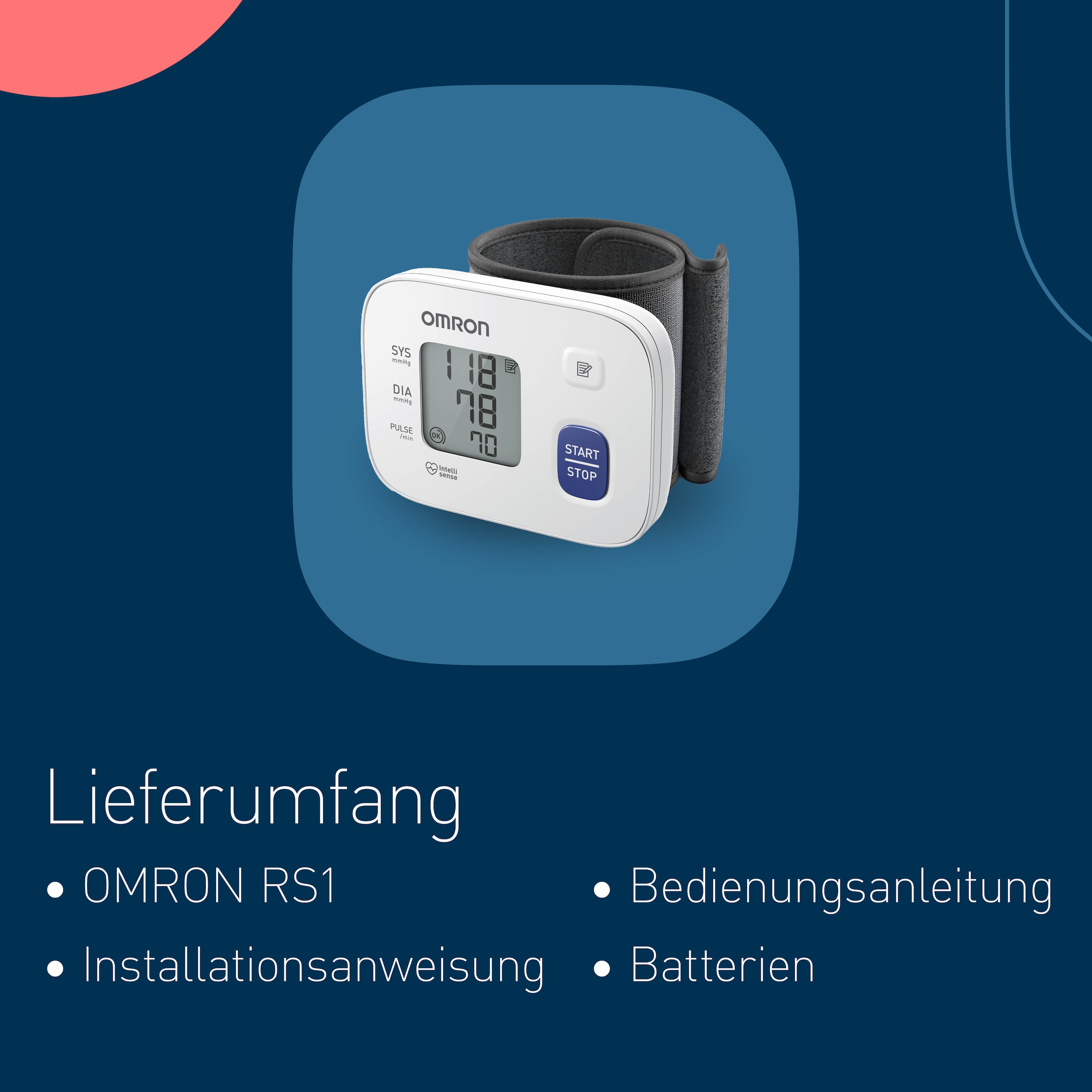 Omron Handgelenk-Blutdruckmessgerät »RS1, klinisch validiert, vorgeformte Manschette 13.5-21.5 cm« für zu Hause und unterwegs