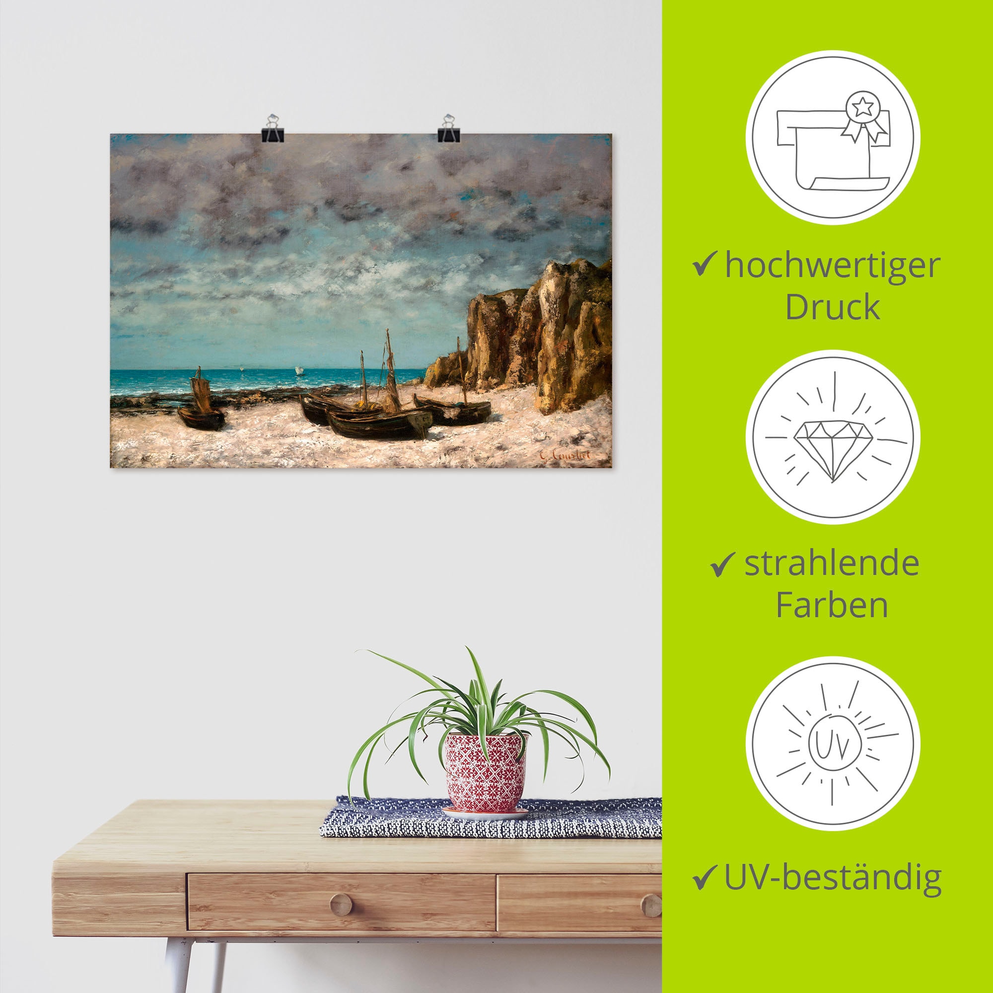 Artland Wandbild »Boote am Strand von Etretat. Um 1872/75«, Bilder von Booten & Schiffen, (1 St.), in vielen Größen & Produktarten - Alubild, Leinwandbild, Poster, Wandaufkleber