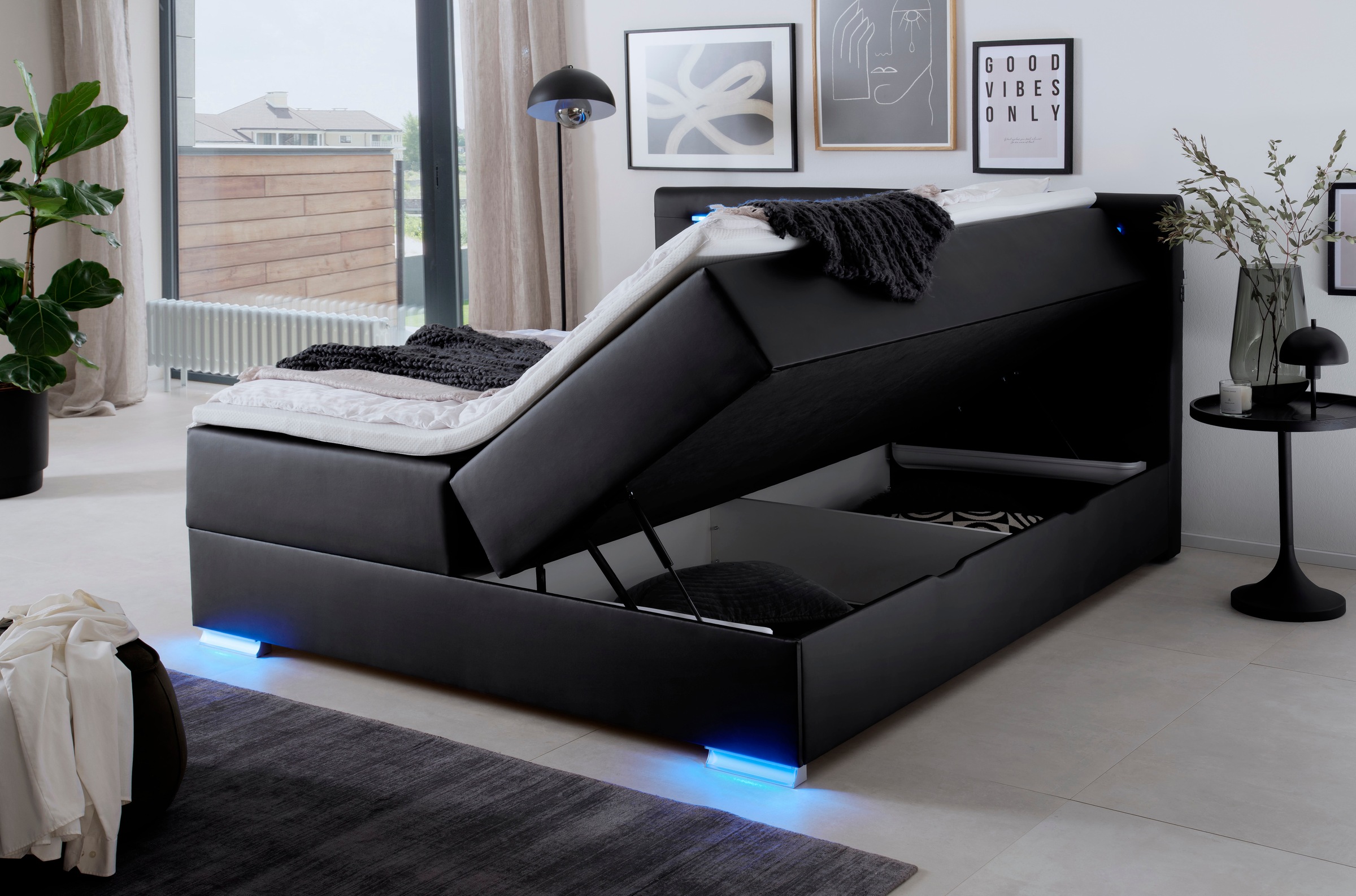 meise.möbel Boxspringbett »Las Vegas«, Füße und Kopfteil mit LED-Beleuchtung, mit Bettkasten und Topper
