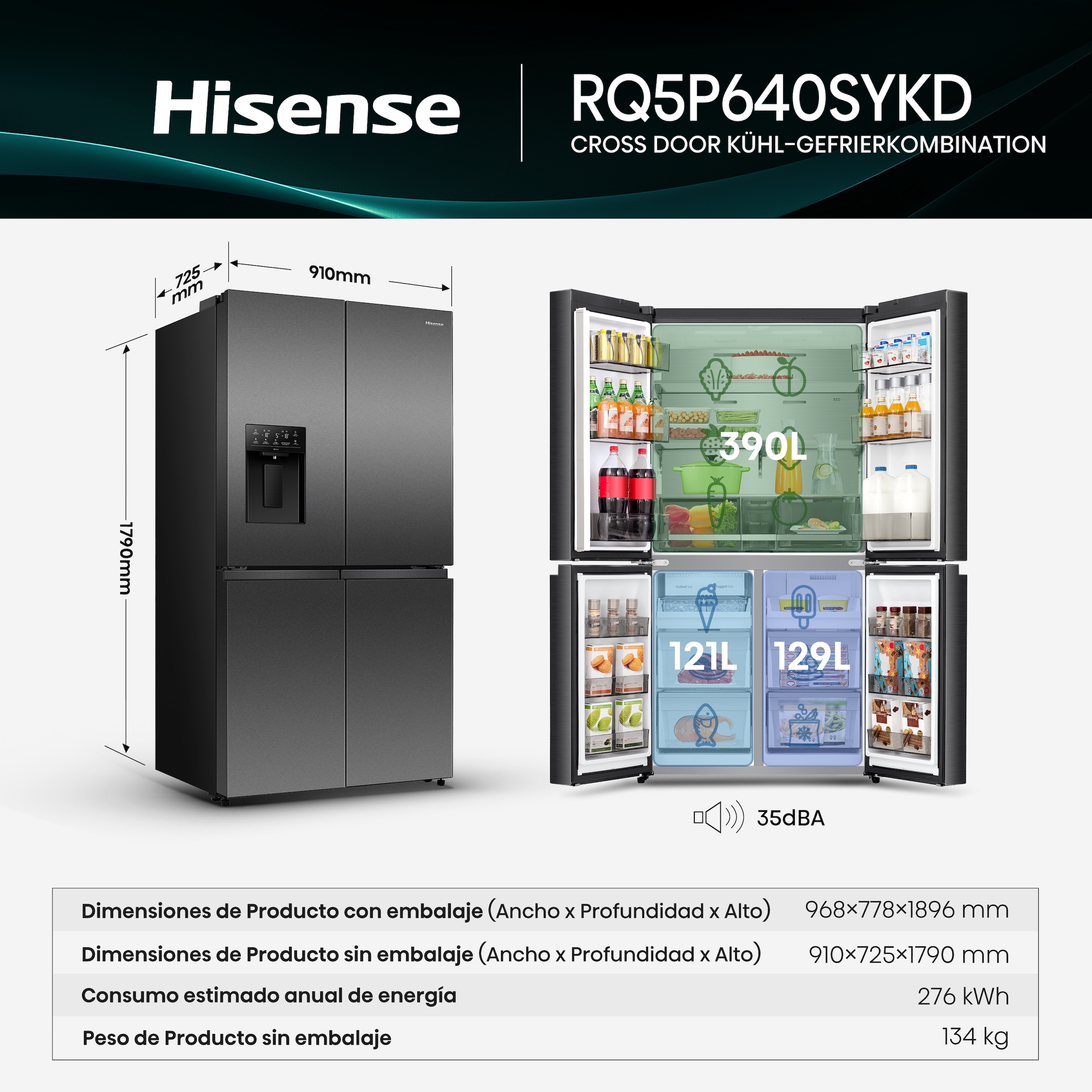 Hisense Multi Door »RQ5P640SYKD« 179 cm hoch 91 cm breit DualTech-Kühlsystem, MetalCooling, Wasser-/Eisspender