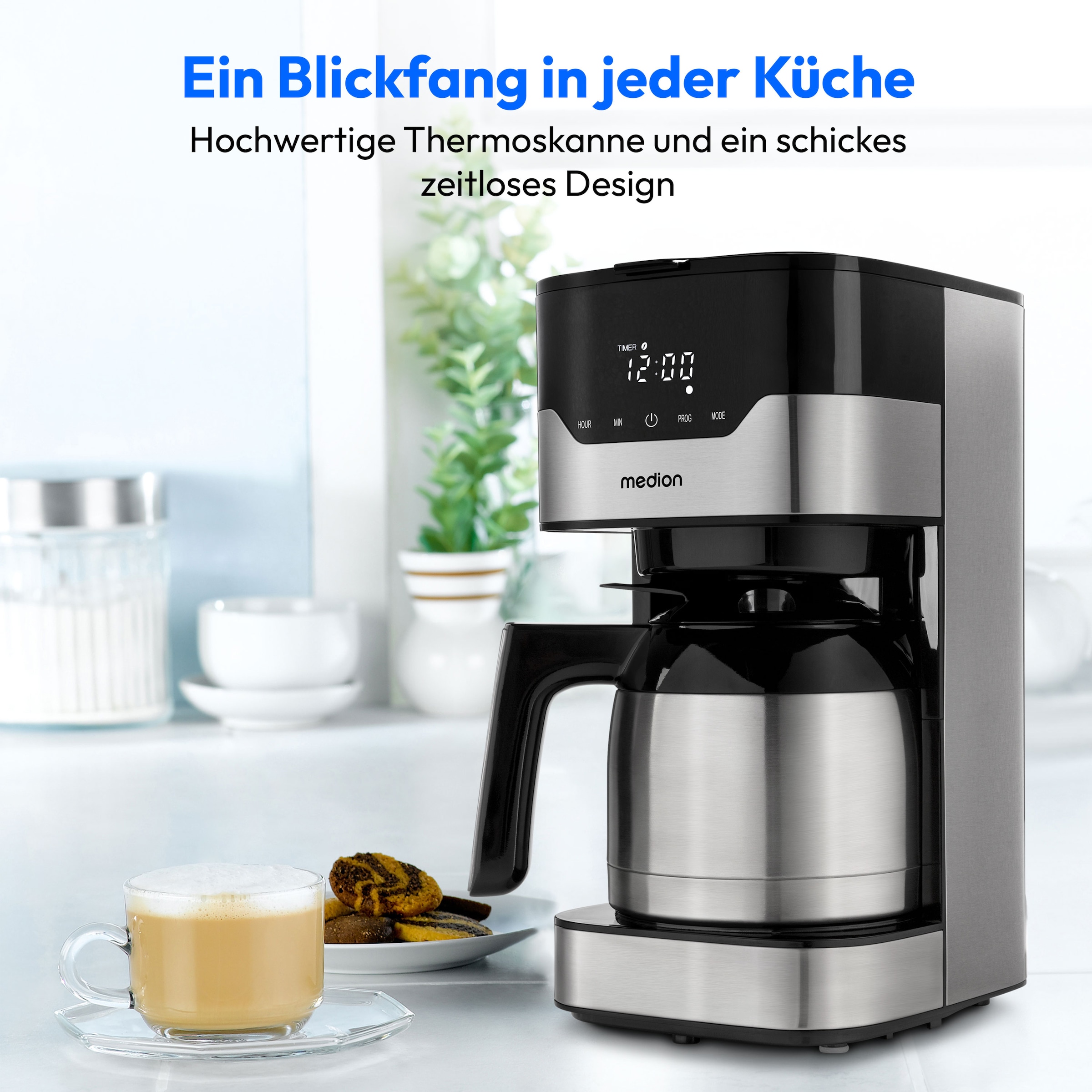 Medion® Filterkaffeemaschine »MD 18458, Aromawahlschalter mit 3 Stufen, 1,2 L Edelstahlkanne, Timer«, 1,2 l Kaffeekanne, Papierfilter, 1x4, Wasserstandsanzeige, Tropfstopp