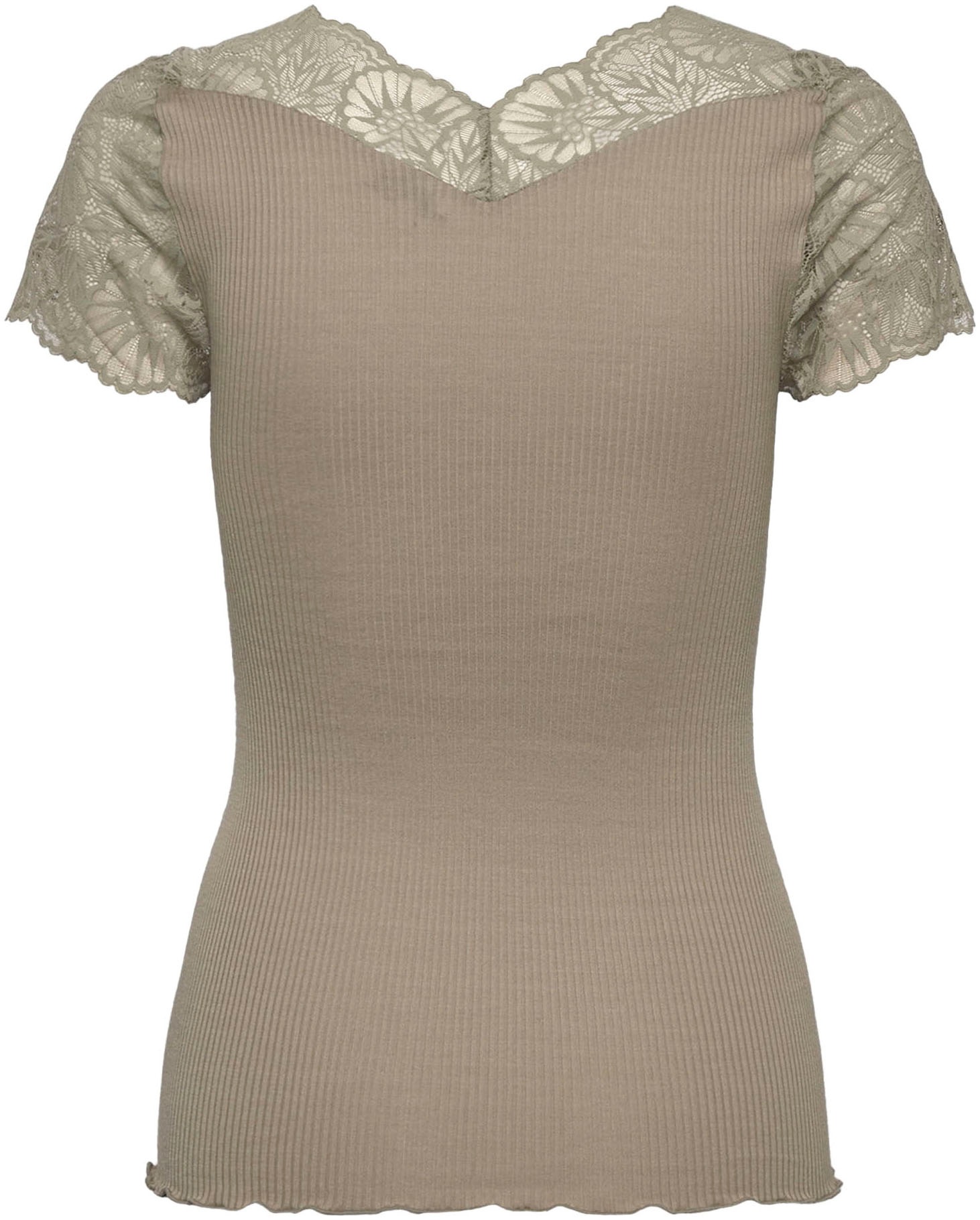 rosemunde T-Shirt, elastischer Vintage-Spitzenbesatz, Kurzarm, gewellter Saum, Seidenmix