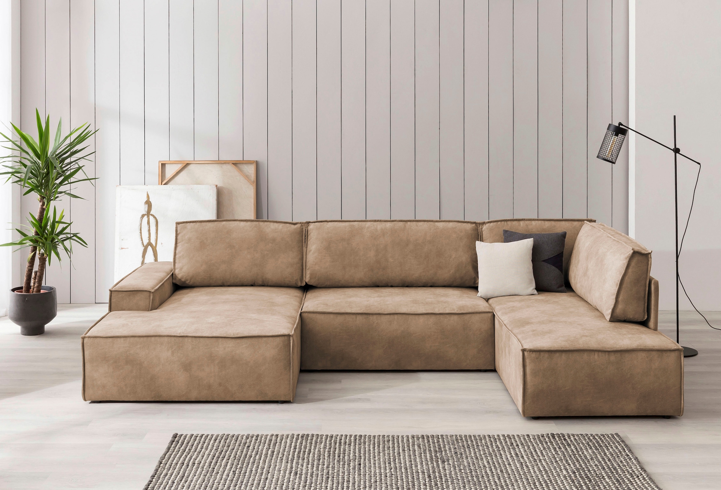Home affaire Wohnlandschaft »SHERWOOD 329 cm, U-Form, Schlafsofa,«, Schlaffunktion m. Bettkasten (194x139 cm), Cord, Vintage, Samtvelours