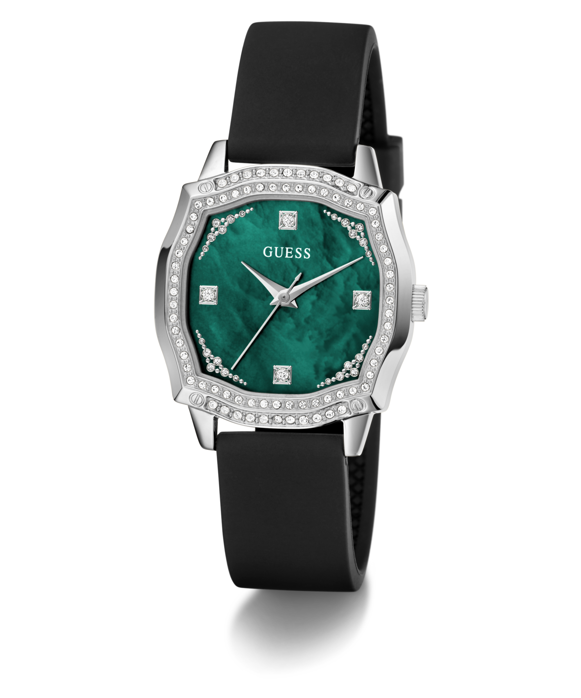 Guess Quarzuhr »LIV«, Armbanduhr, Damenuhr, Silikonarmband, Kristallsteine