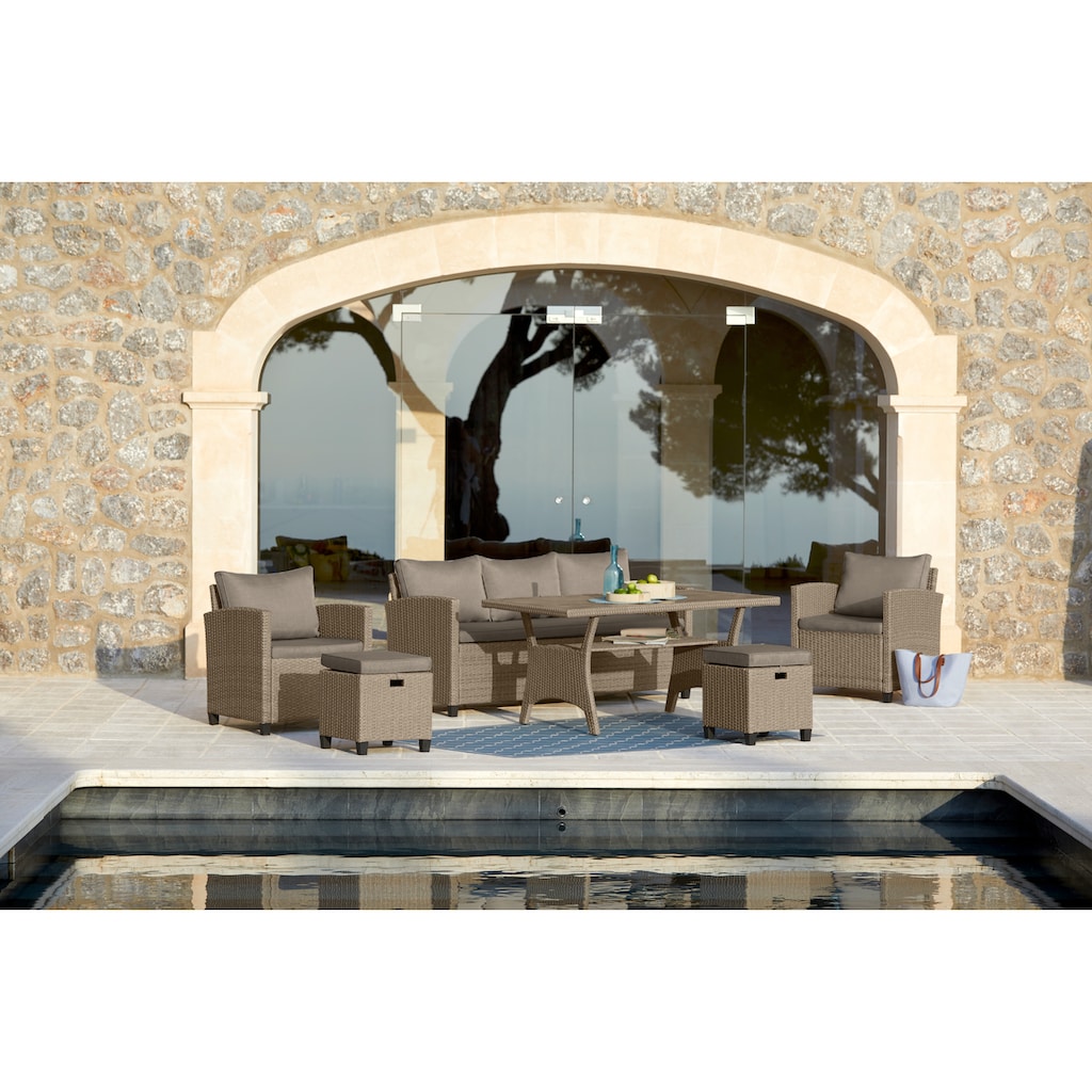 KONIFERA Gartenlounge-Set »Amsterdam«, (Set, 16 tlg., 1x 3er Sofa, 1x 2 Sessel, 2x Hocker, 1xTisch 144,5x74x67cm,Polyrattan), Stahl, Ablagefläche unter dem Tisch, Diningset, Loungeset