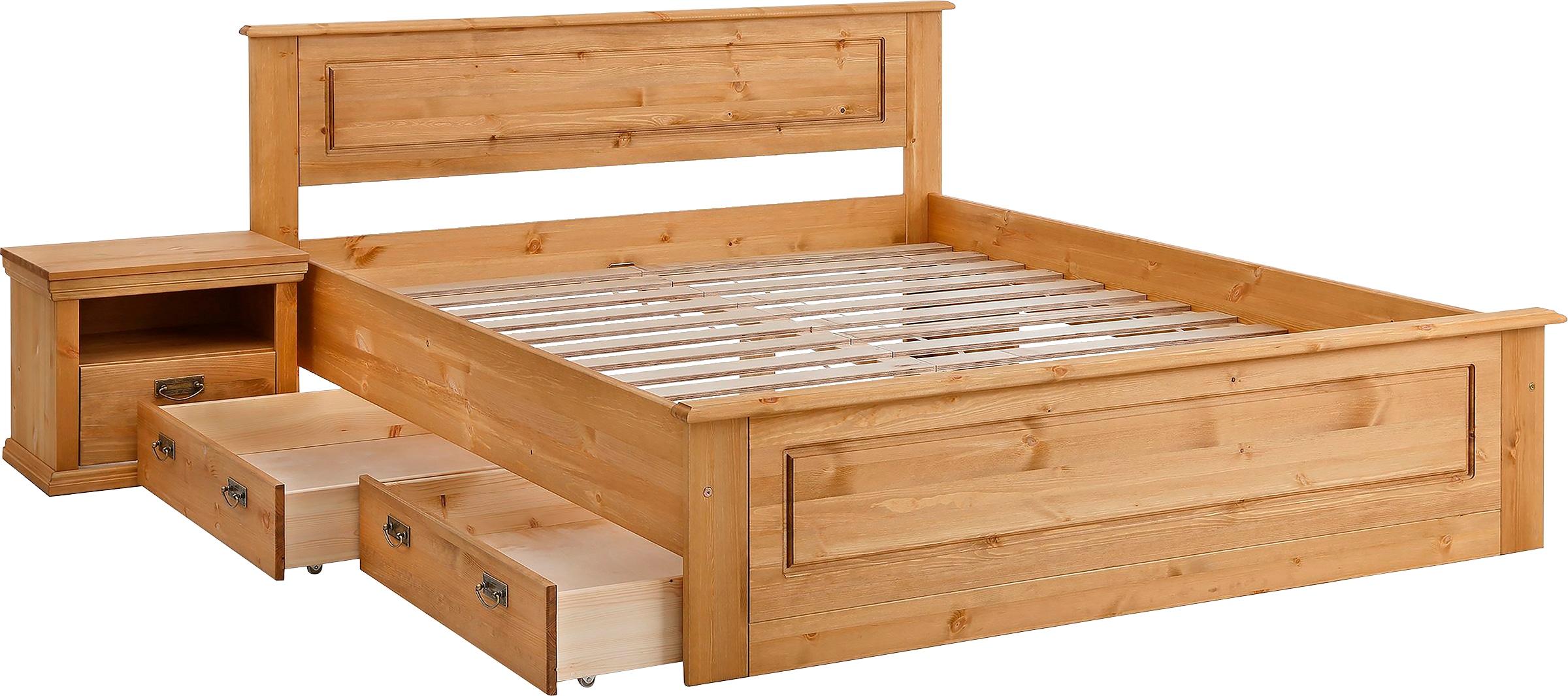 Home affaire Massivholzbett »Madrid, Landhausstil, hohe Belastbarkeit!«, (Breite/Belastbarkeit 180cm/220 KG, 160cm/200 KG, 90cm/=120 KG), aus FSC®-zertifizierter Kiefer, INKLUSIVE Rollrost, Kassettenoptik