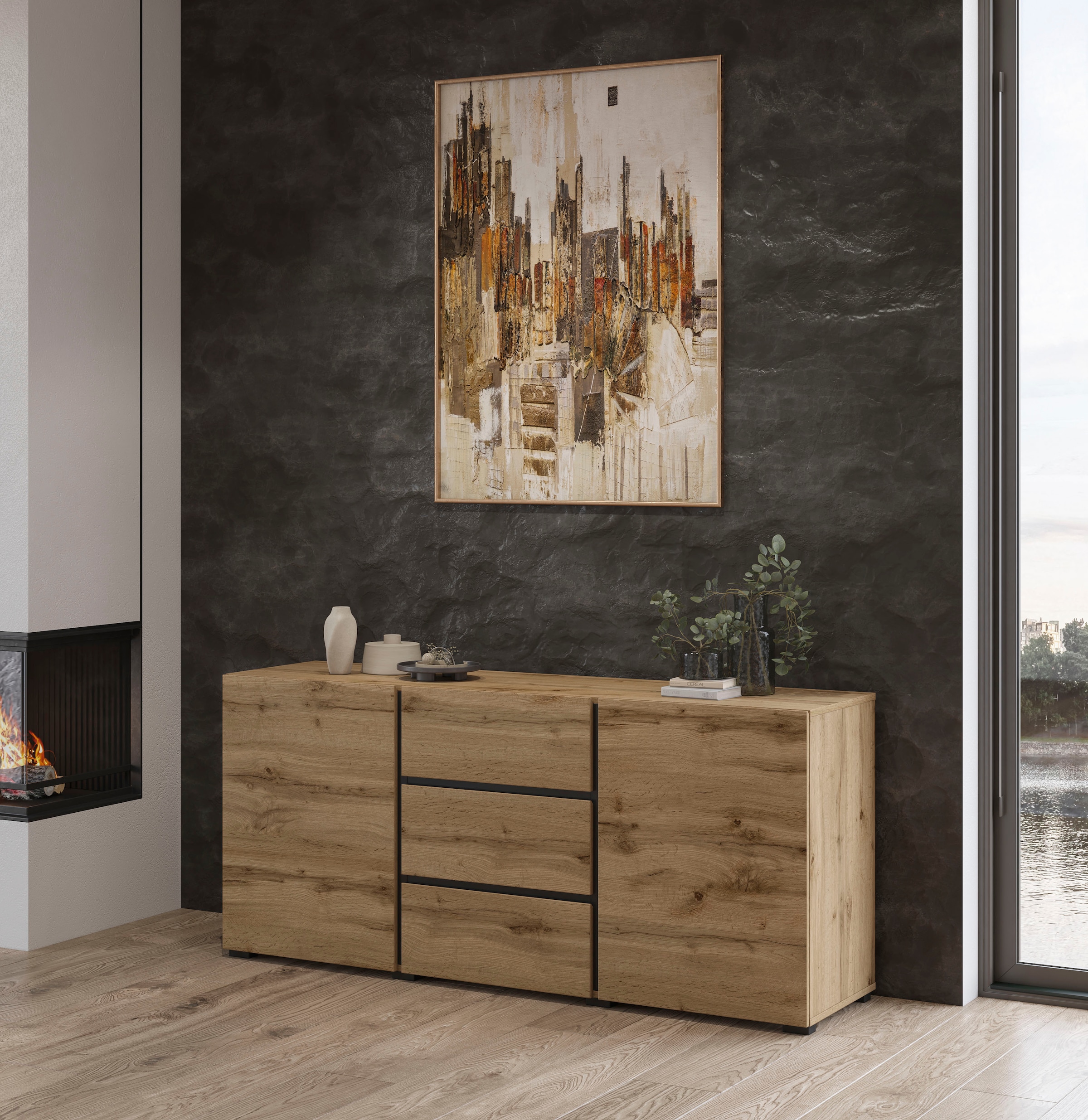 INOSIGN Sideboard »Cross, Breite 150 cm, moderne grifflose Kommode, 2Türen/3 Schubkästen«, Schubladenkommode mit viel Stauraum, Einlegeböden verstellbar