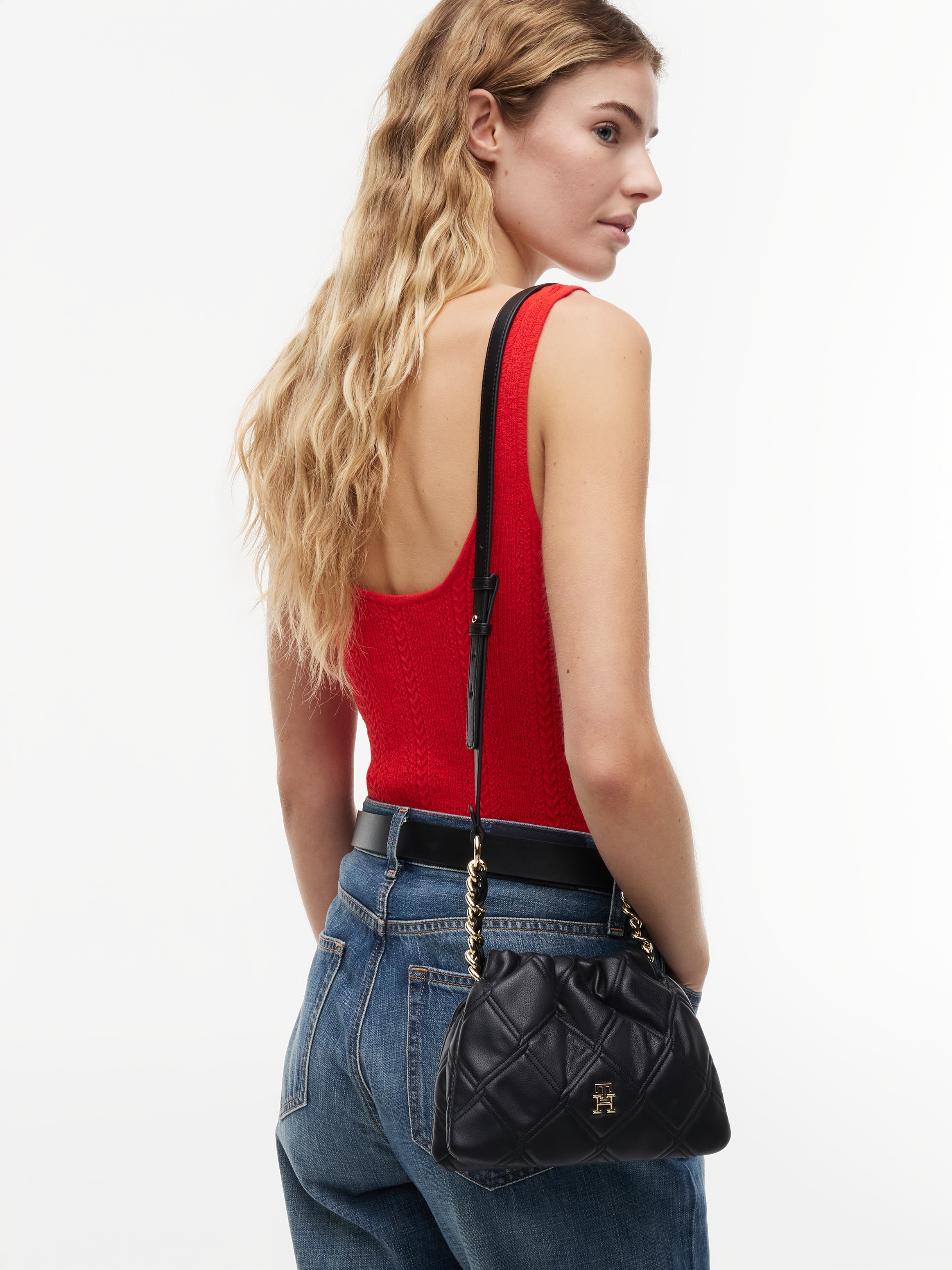 Tommy Hilfiger Umhängetasche »TH FEMININE MINI CROSSOVER« Damen Schultertasche, Handtasche mit goldfarbener Zierkette