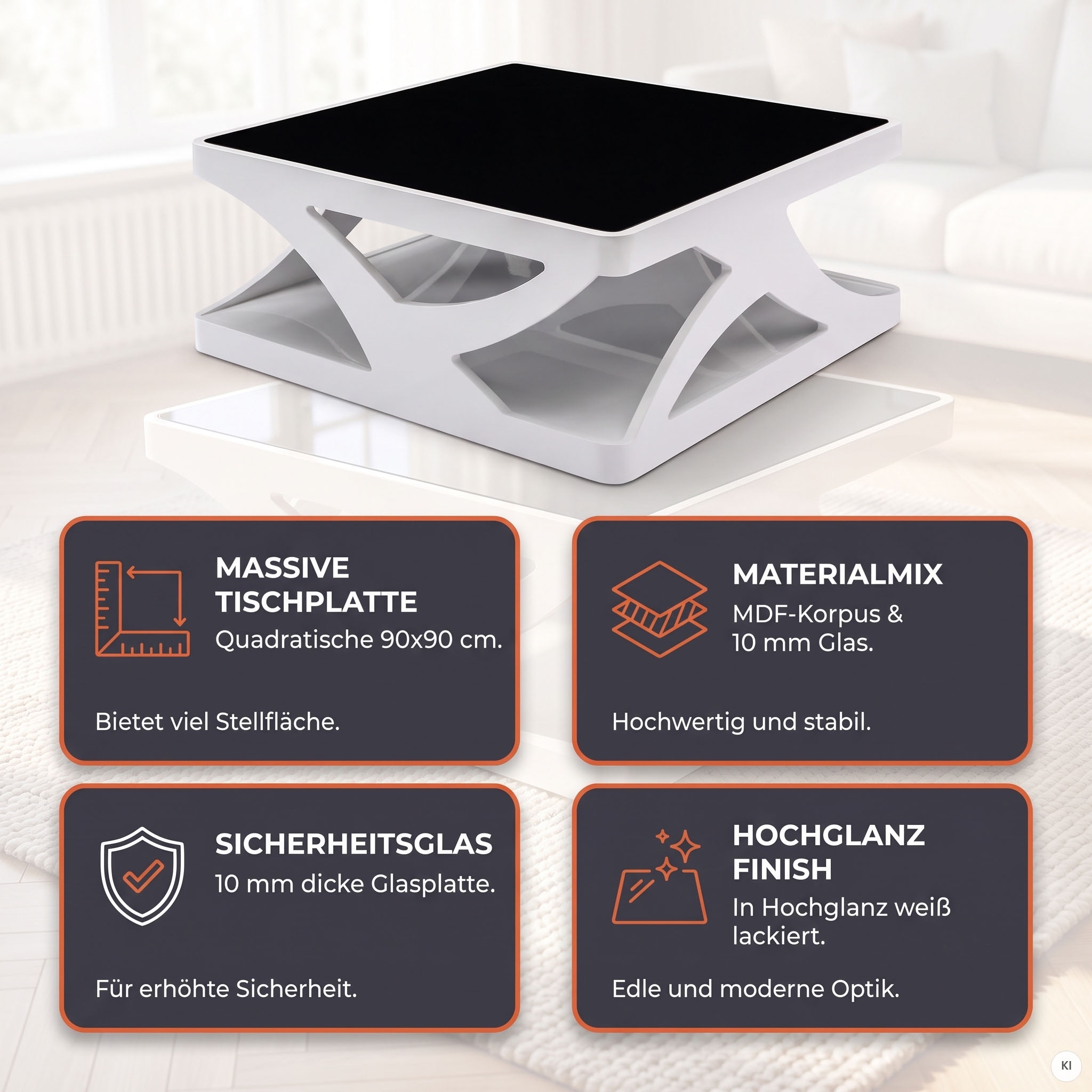 SalesFever Couchtisch »Lacona Coffeetable mit stilvollem Aussehen« 10 mm Schwarzglasplatte, rechteckig oder quadratisch