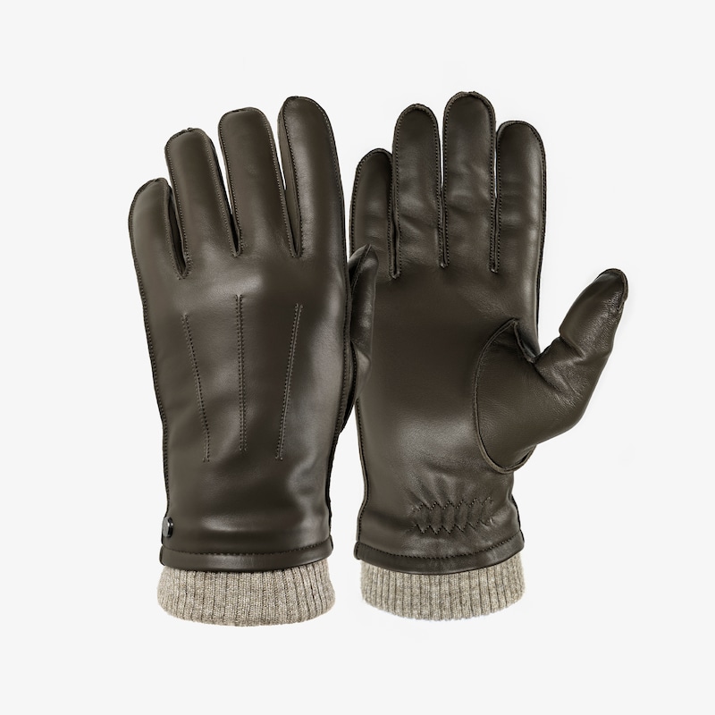 PEARLWOOD Lederhandschuhe »JACKSON« 1 Paar, Strickbündchen, dekorative Ziernähte, weiches Fleecefutter darkbrown