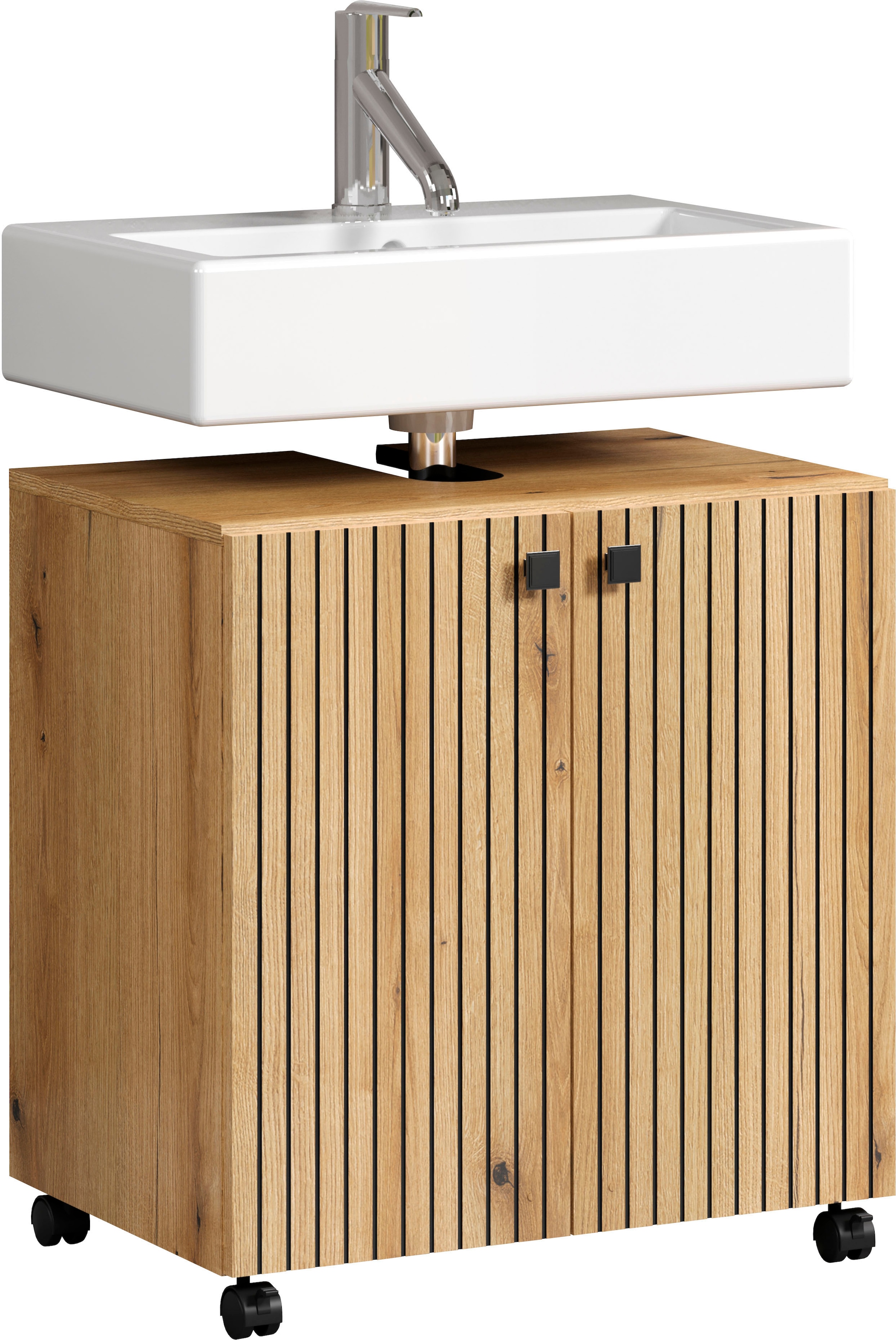 welltime Waschbeckenunterschrank »Amrum«, (1 St.), BxHxT 80 x 64 x 42cm Waschbeckenunterschrank Eiche Rillenoptik