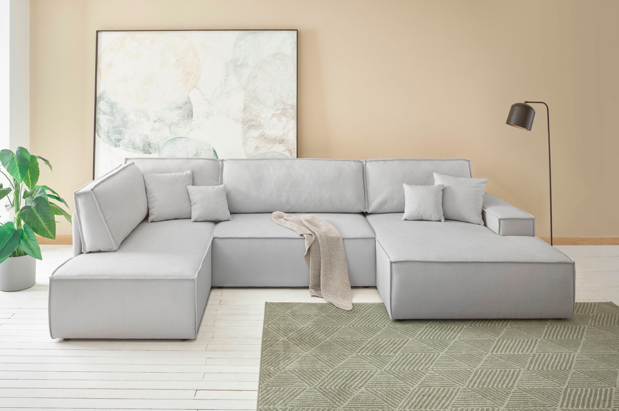 andas Wohnlandschaft »FINNLEY U-Form XXL 329 cm, Schlafsofa, Schlaffunktion m. Bettkasten«, (194/139 cm), Bouclé, Struktur und Cord