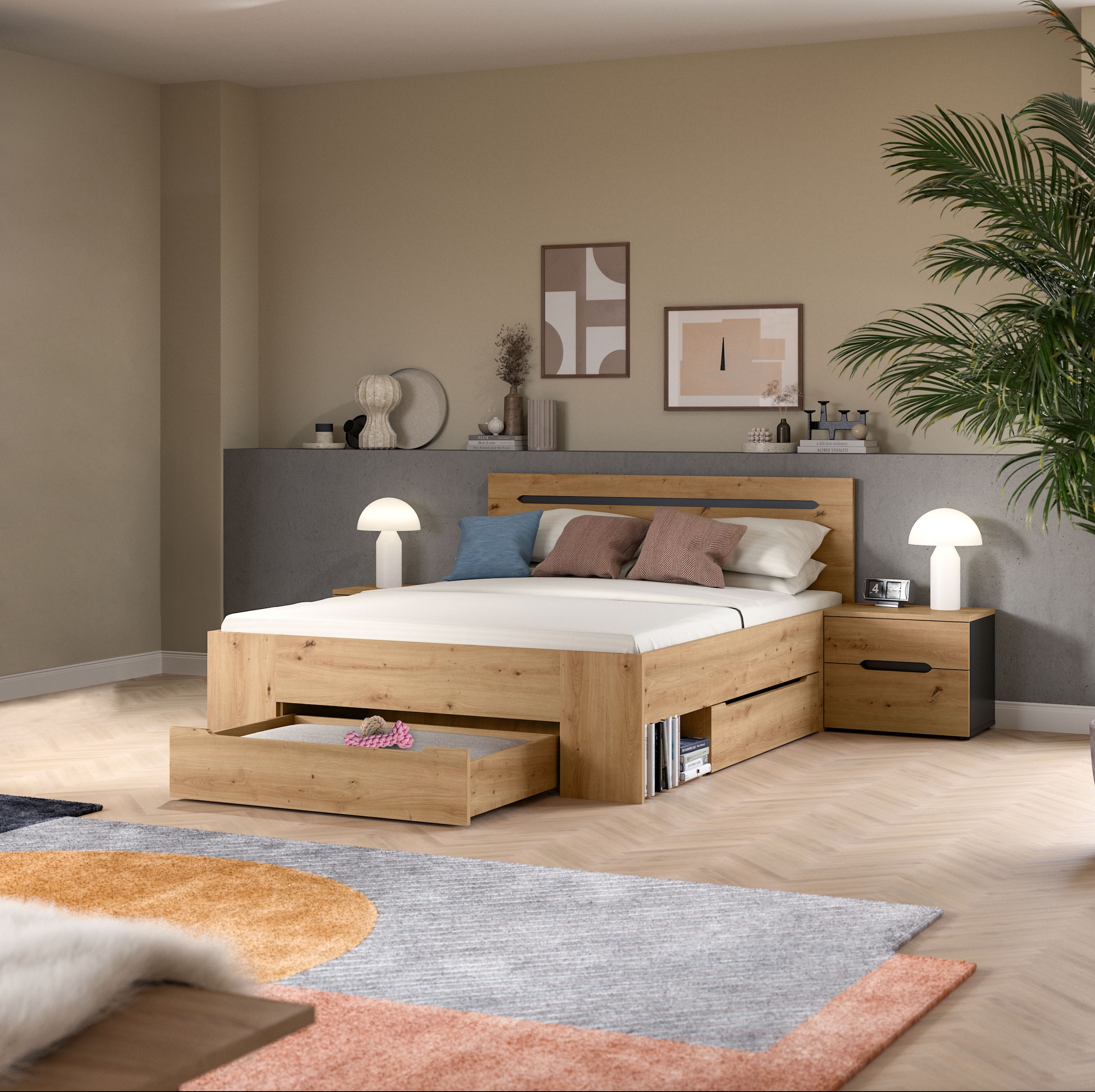 Home affaire Schlafzimmer-Set »REHAT, 3-teilig, bestehend aus: Stauraumbett & 2x Nachtkommode« TOPSELLER!, für Matratzengröße 140x200 cm, viel Stauraum, 3 Stk. tlg. Rehat, Schlafzimmerset, Bett 140x200 cm, 2 Nachttische