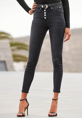 Highwaist-Jeans mit modischer Knopfleiste in Schwarz