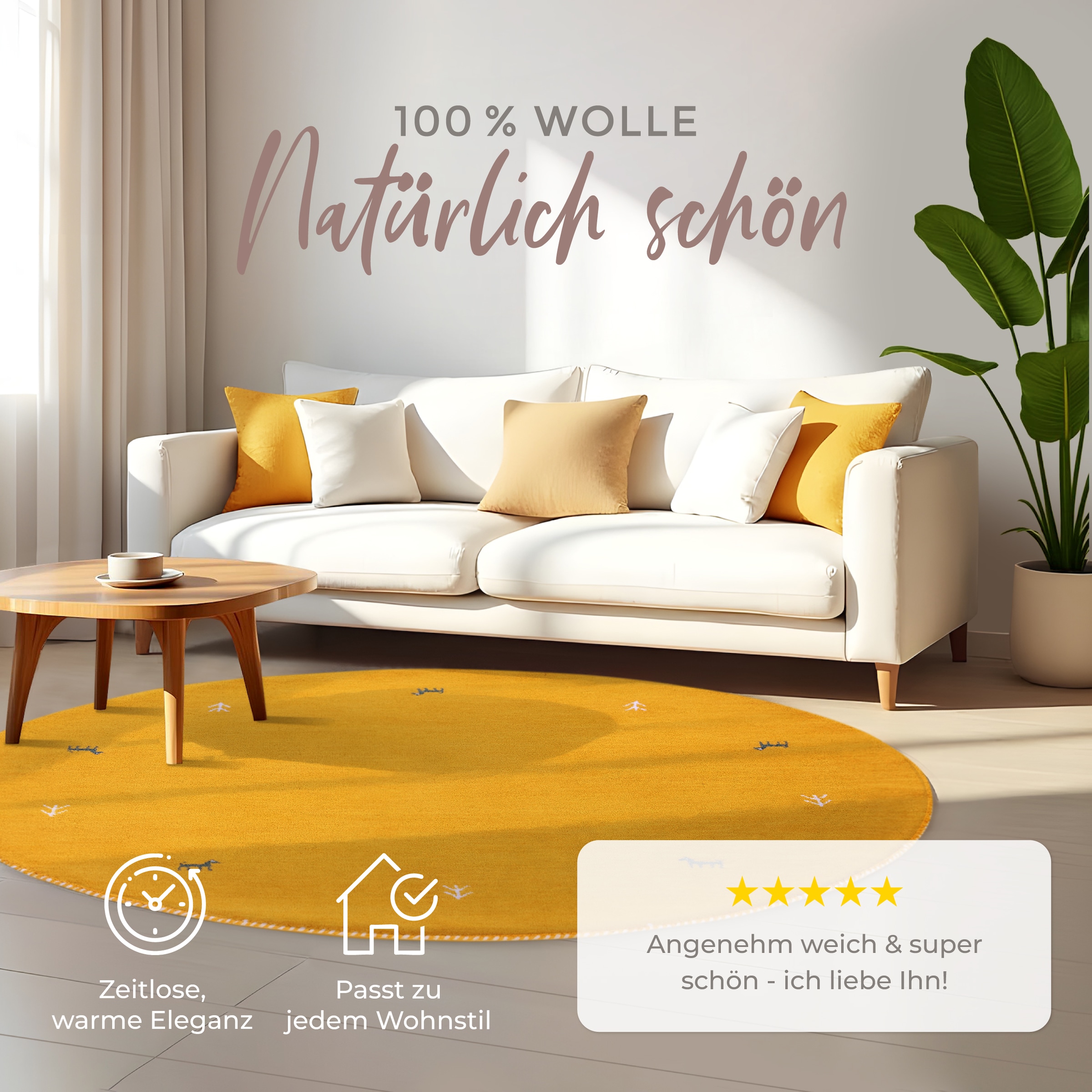 carpetfine Wollteppich »Gabbeh Uni« rund 15 mm Höhe reine Wolle handgewebt, Gabbeh Tiermotiv warmes Raumklima viele Größen
