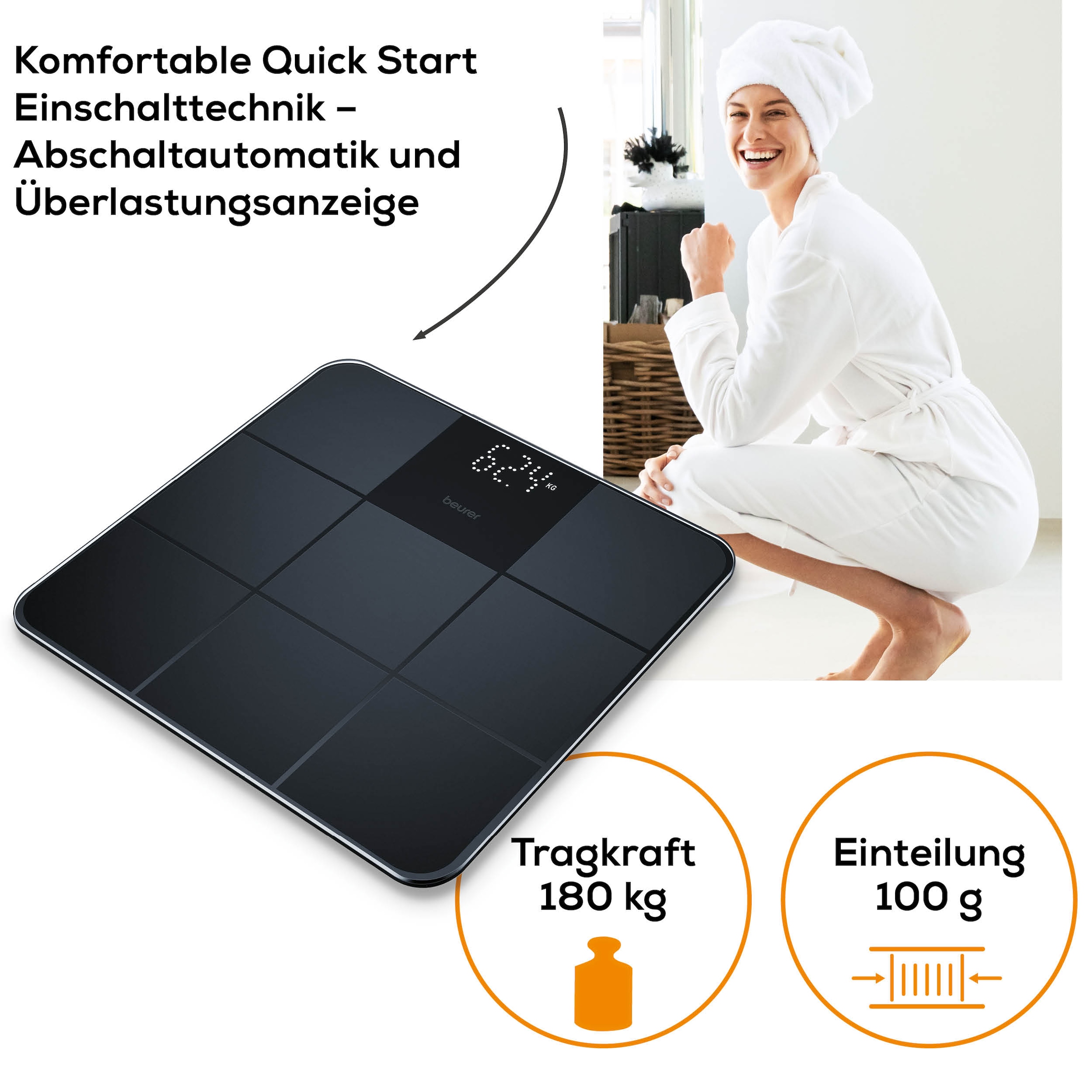 BEURER Personenwaage »GS 235 Glaswaage mit Magic-LED Display - erscheint nur bei Messung«, Elegante Oberfläche mit matter Fliesenstruktur, Tragkraft bis 180 kg