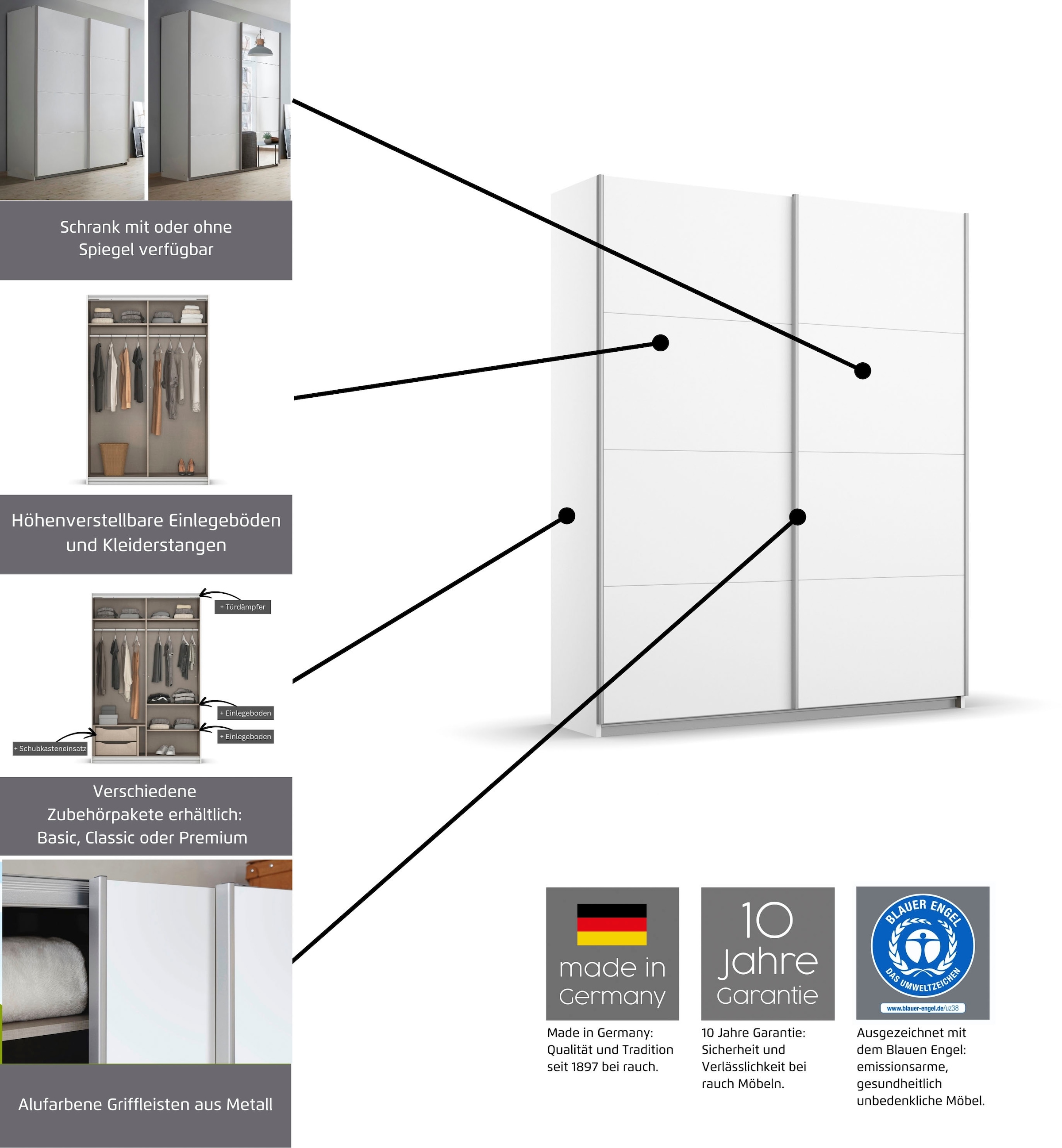 INOSIGN BY RAUCH Schwebetürenschrank »Kleiderschrank Schrank Garderobe Schlafzimmerschrank THANOS«, (in 3 verschiedenen Ausstattungen BASIC/CLASSIC/PREMIUM), Optional mit Spiegel, Metall-Griffleisten alufarben MADE IN GERMANY