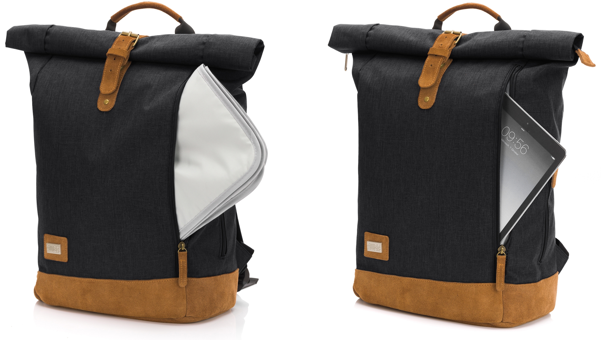 Fillikid Wickelrucksack »Rolltop Berlin, schwarz melange«, Reflektoren, inkl. Wickeltunterlage