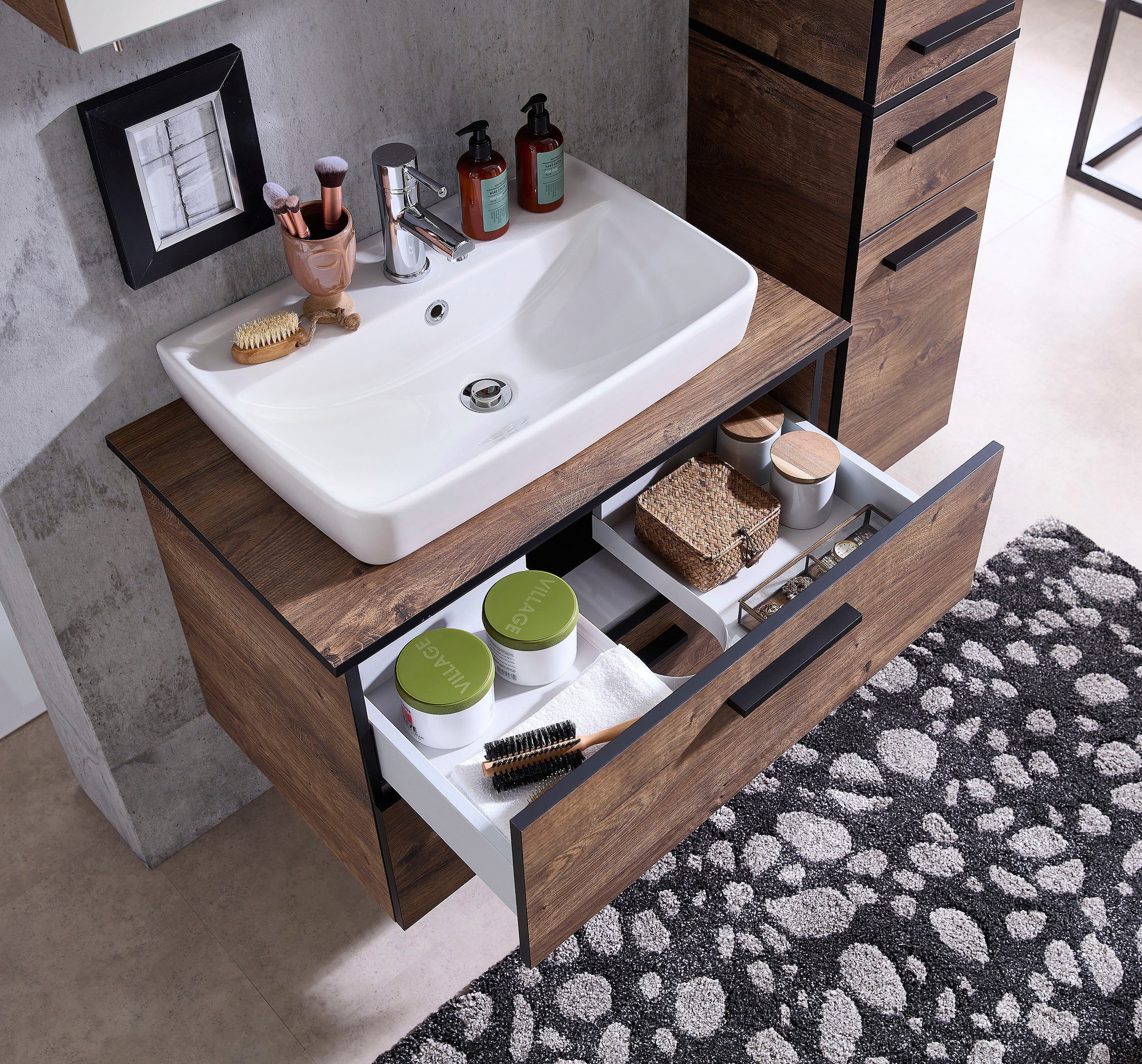 Saphir Badmöbel-Set »Quickset 374 Keramik-Aufsatzwaschtisch mit Unterschrank, 73 cm breit«, (3 St.), Waschplatz mit 2 Schubladen, Eiche Ribbeck quer Nachbildung