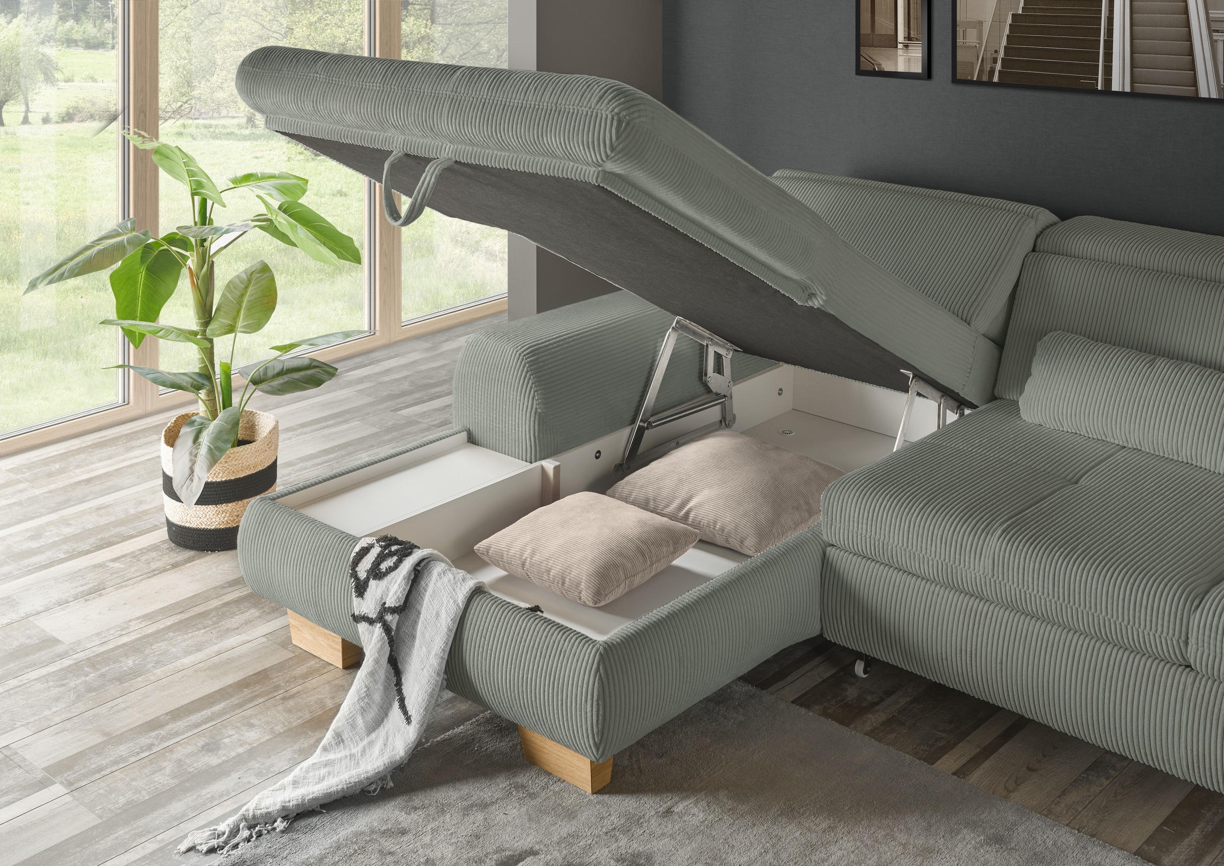 set one by Musterring Ecksofa »SO 3400 Sitzhöhe 47cm oder 49cm, Sitztiefe verstellbar, B/T: 307/195cm«, Kopteil verstellbar, mit Bettfunktion, in Cord, lind, Sitzhöhe 47