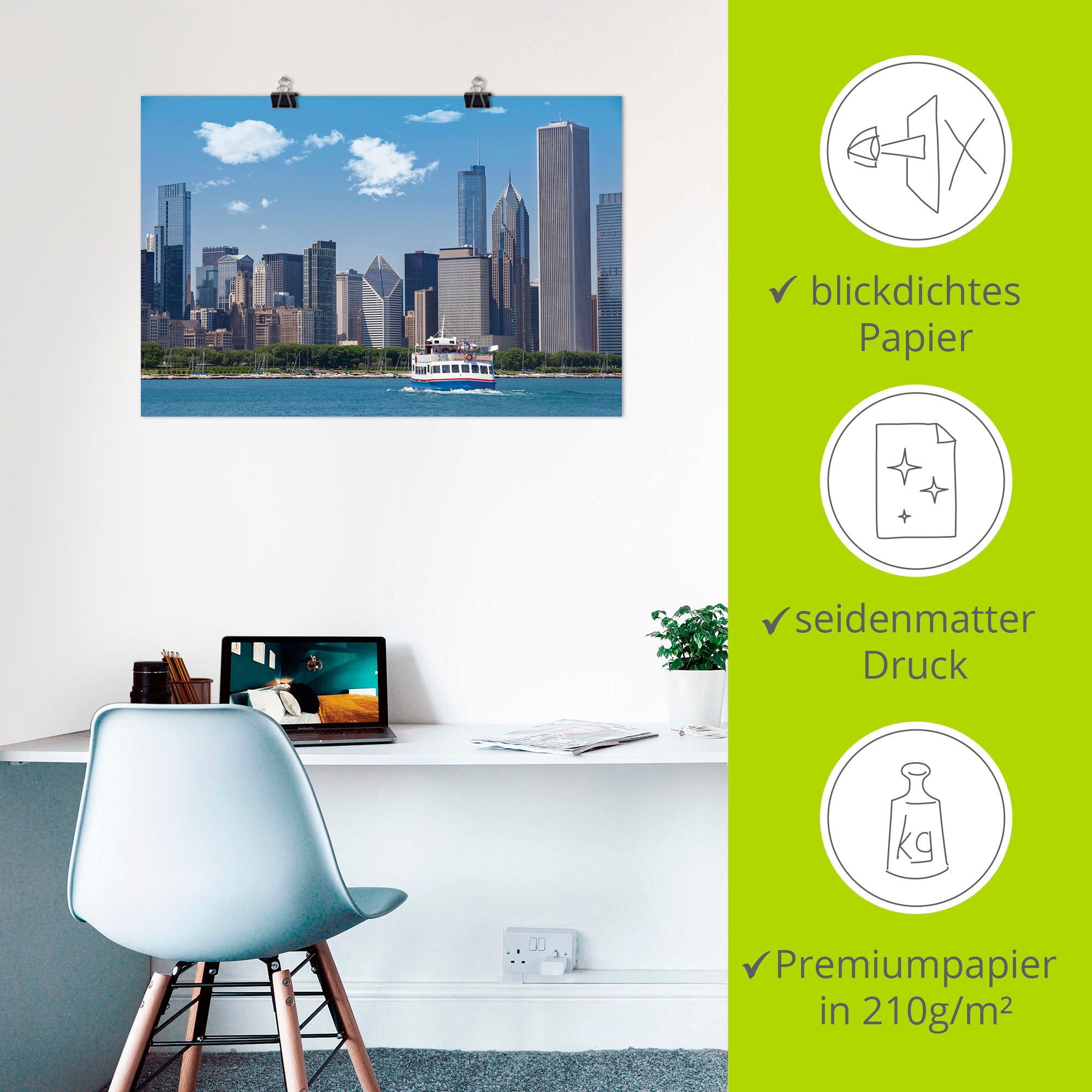 Artland Poster »Chicago Skyline«, Amerika, (1 St.), als Alubild, Leinwandbild, Wandaufkleber oder Poster in versch. Größen
