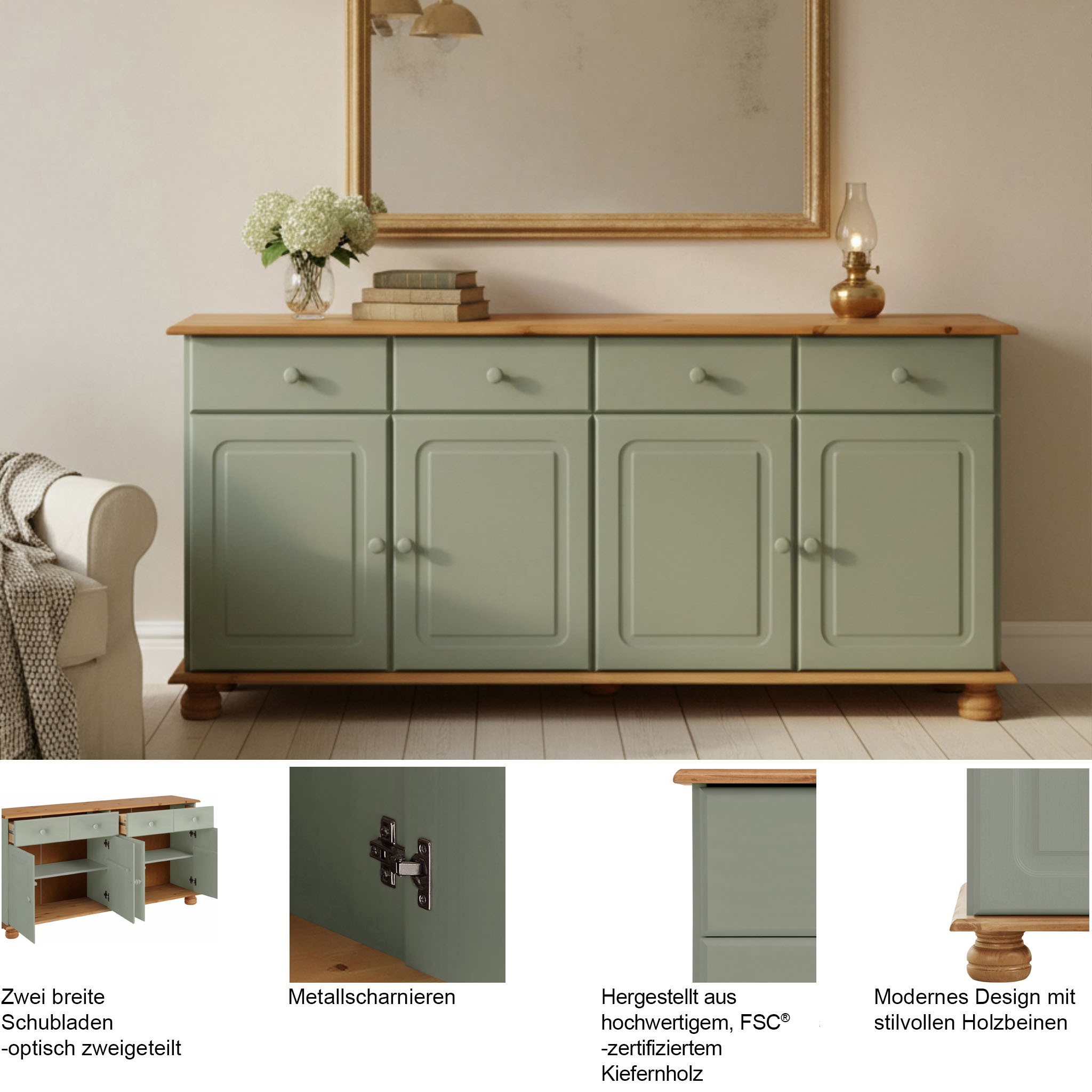 OTTO home Sideboard »Mette Kommode mit 4 Türen & 2 Schubladen, die optisch geteilt sind« Kommode aus massivem Kiefernholz, Breite 156 cm