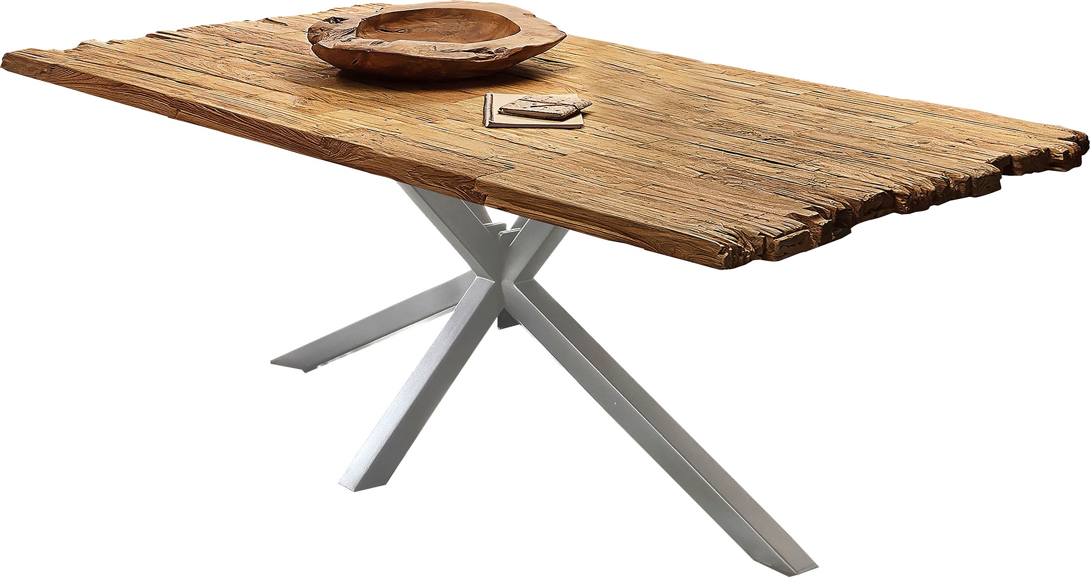 SIT Esstisch Platte aus recyceltem Teak Natur, Antiksilber + Antiksilber + Natur