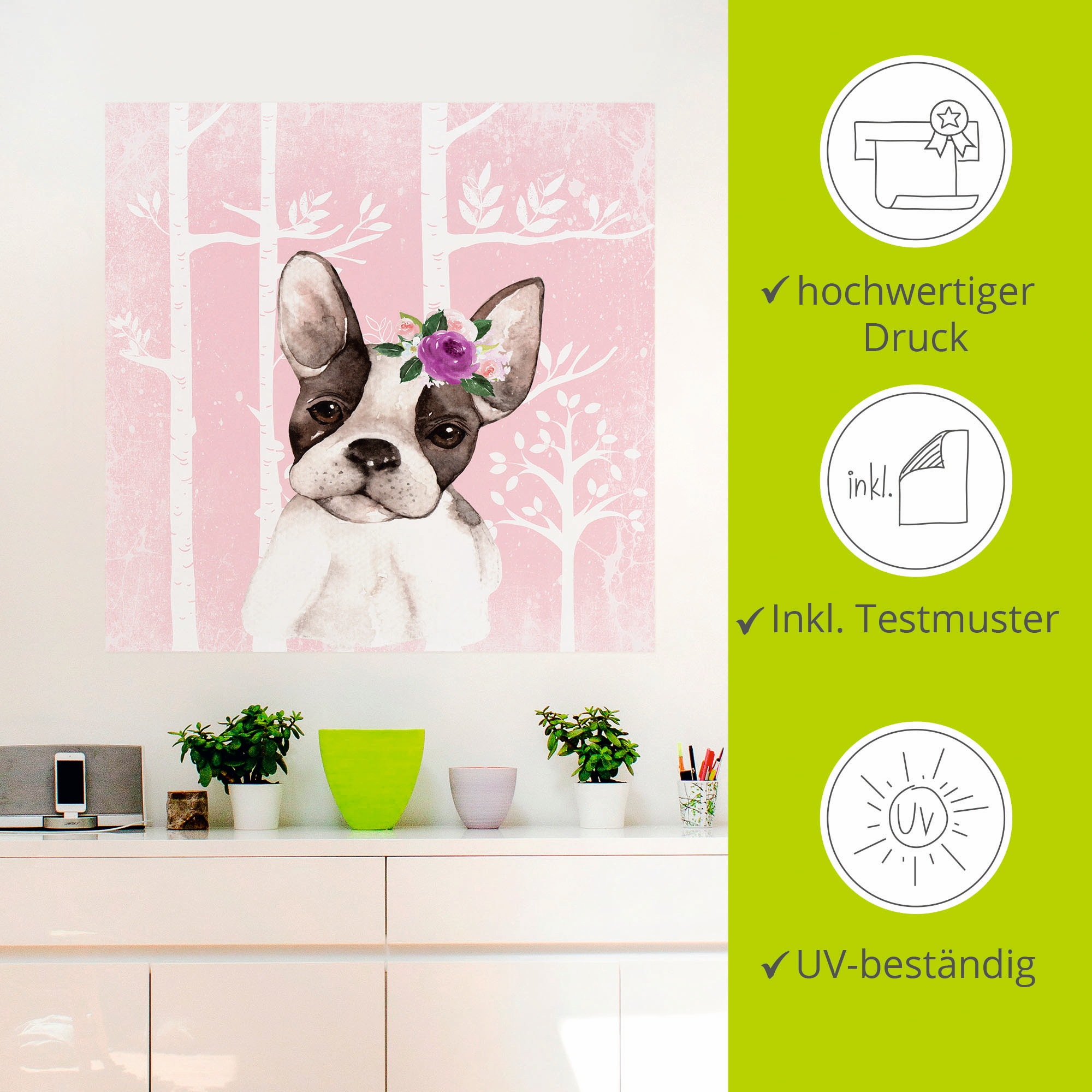 Artland Wandbild »Mops Hund mit Blumen im pink Wald«, Tiere, (1 St.), als Poster, Wandaufkleber in verschied. Größen