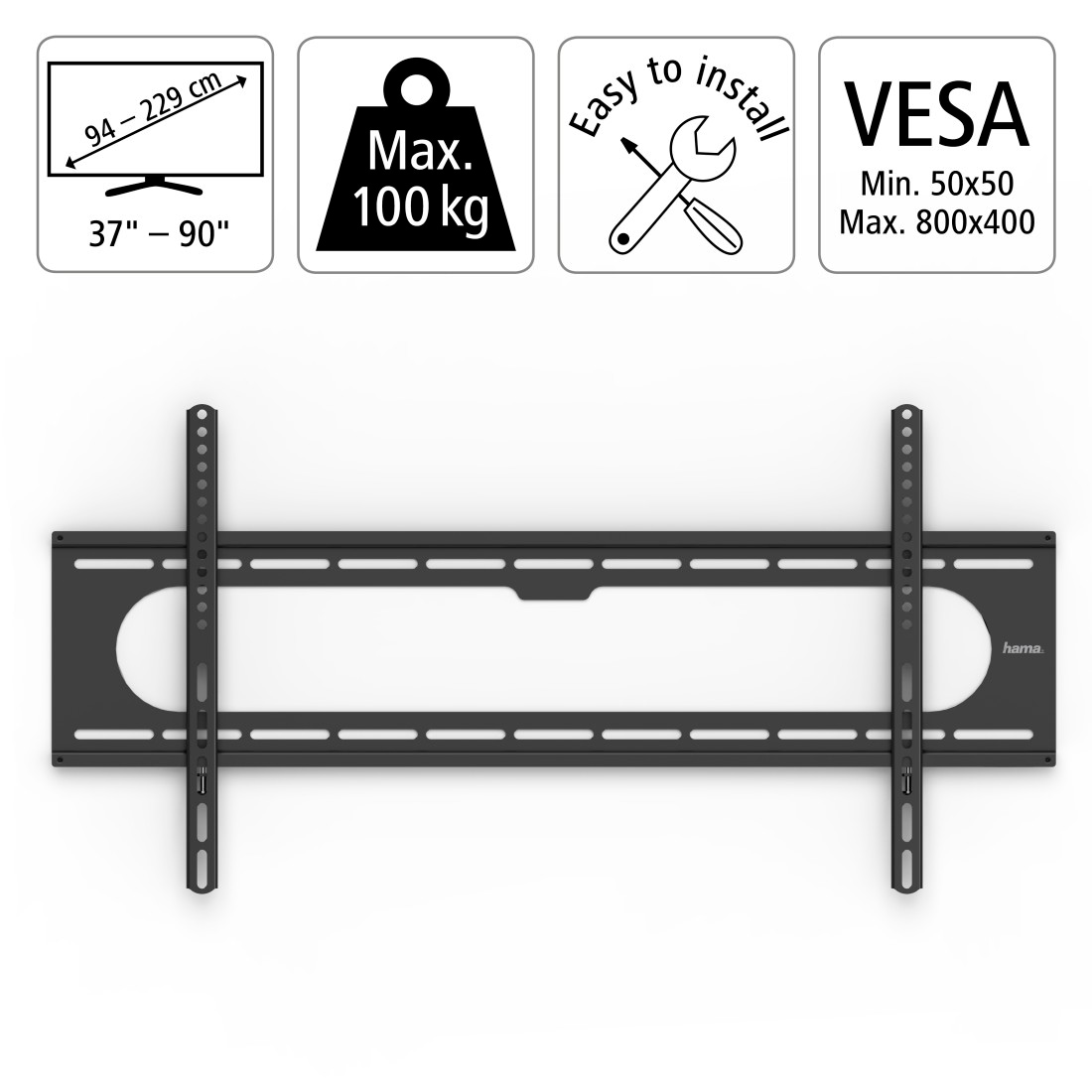 Hama TV-Wandhalterung »TV-Wandhalterung Starr, 94 - 229cm (37" -90"), 43", 50", 55", 65", 75"«, bis 229 cm Zoll