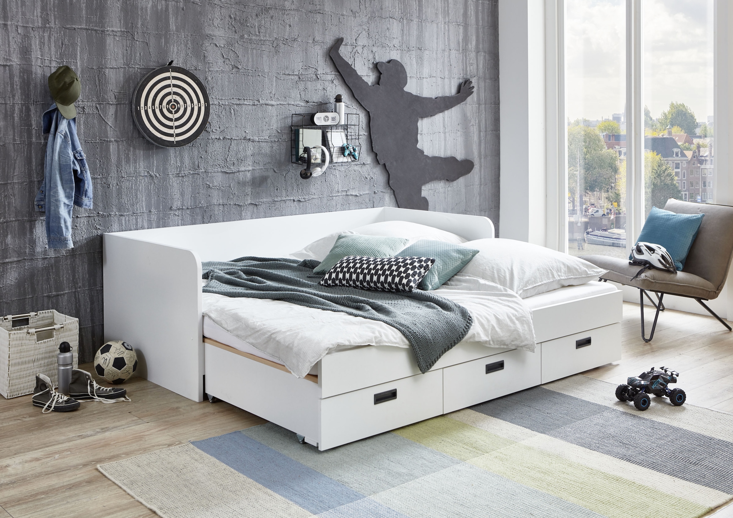 Relita Einzelbett, ausziehbar auf 180x200 cm, 3 Schubladen, mit Lattenrost, 2 Farben