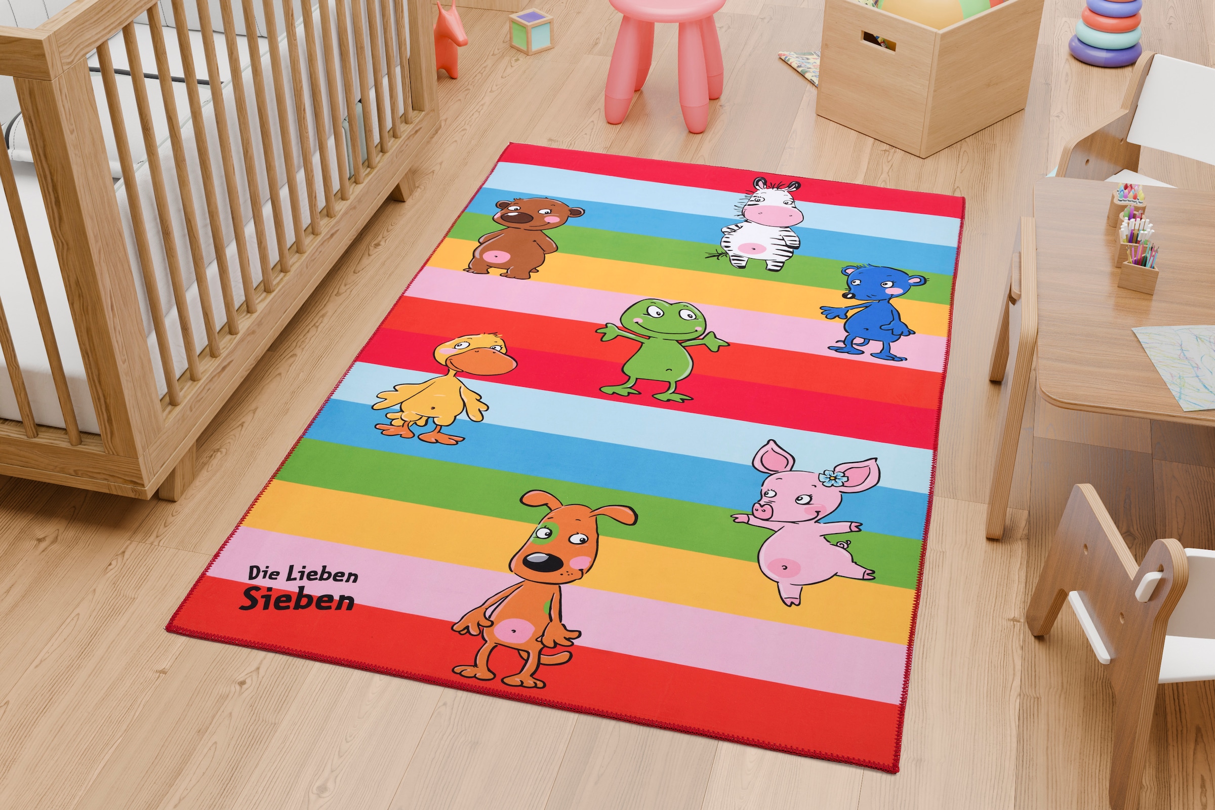 Die Lieben Sieben Kinderteppich »LS-230«, rechteckig, 6 mm Höhe, bedruckt, gestreift, niedliches Tier Motiv