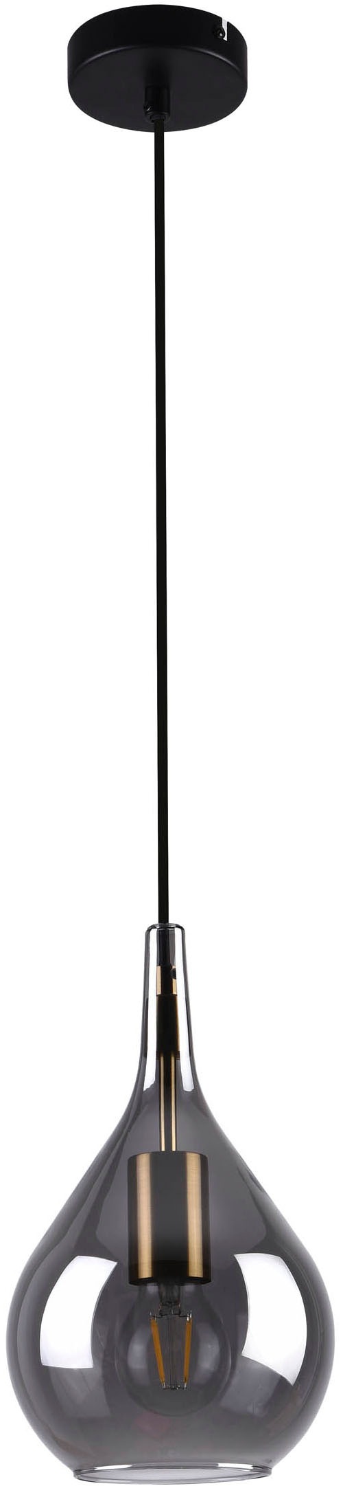 näve Pendelleuchte »Gota«, 1 flammig, Leuchtmittel E27 | ohne Leuchtmittel, Rauchglas D: 20cm, exkl. 1x E27, H: 150cm, Baldachin und Kabel schwarz