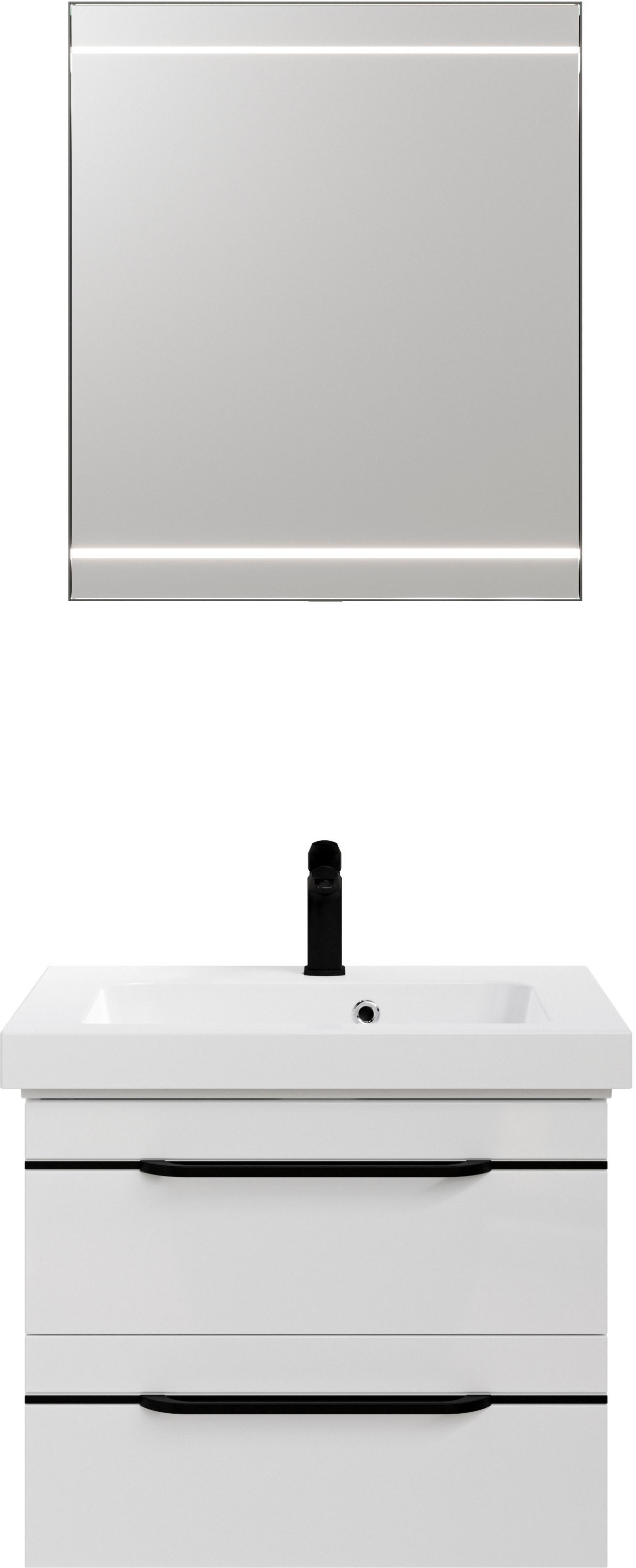 Saphir Badmöbel-Set »Balto 2-teilig Mineralmarmor-Waschtisch mit LED-Spiegel, Waschplatz«, (2 St.), 64,4 cm breit, mit 2 Schubladen, Badschrank inkl. Schubladendämpfer
