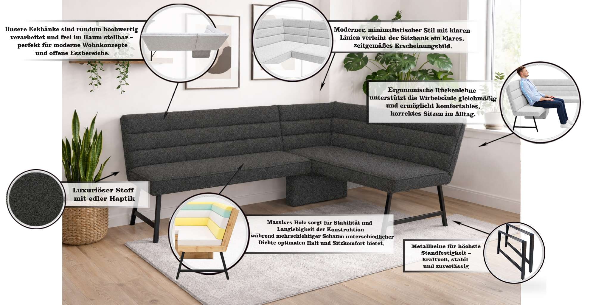 OTTO home Eckbank »Oregon Küchenbank, Polsterbank, Esszimmerbank, 177x140 cm« Moderne Bank und  Farben, Sitzplatzanzahl: 4/5, Frei in Raum stellbar